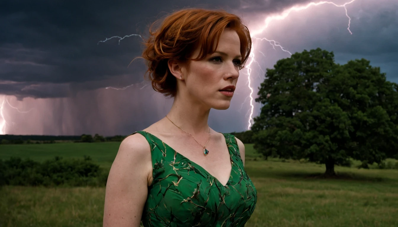 1 girl "Molly Ringwald com vestido Verde longo", flutuando na cidade with lightning bolts, Mulher no vestido Verde longo com cabelo longos, gothic maiden, Olhos vermelhos, olhando para baixo, lightning clouds, Atmospheric lightning, Pink Lightning, with thunderstorms, Tempestade escura with lightning bolts, Efeito de usar aura roxa.