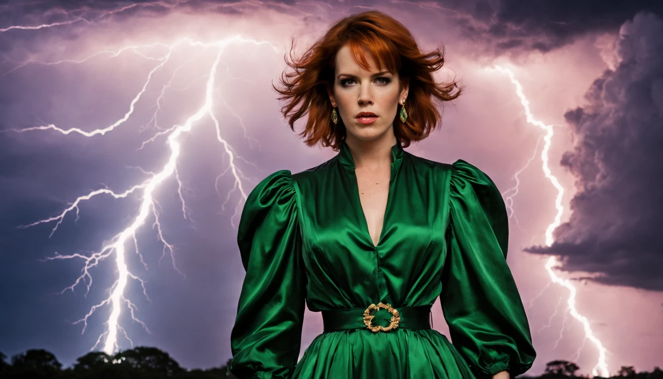 1 girl "Molly Ringwald com vestido Verde longo", flutuando na cidade with lightning bolts, Mulher no vestido Verde longo com cabelo longos, gothic maiden, Olhos vermelhos, olhando para baixo, lightning clouds, Atmospheric lightning, Pink Lightning, with thunderstorms, Tempestade escura with lightning bolts, Efeito de usar aura roxa.