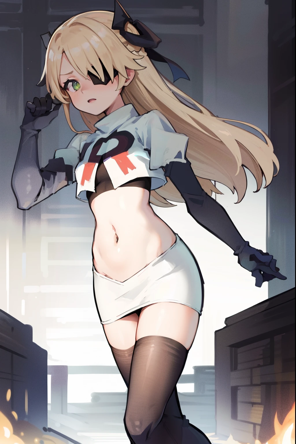 absurdres, fischl (dunkelnacht sakrament) (genshin impact), green eyes, (white pupils:1.2), fischl (genshin impact), medium_breasts, blonde hair, eyepatch, long hair, hair over one eye, bangs, hair ribbon, small breasts, 1girl, team rocket,team rocket uniform,white skirt,red letter R,crop top,black thigh-high boots,black elbow gloves, shy
