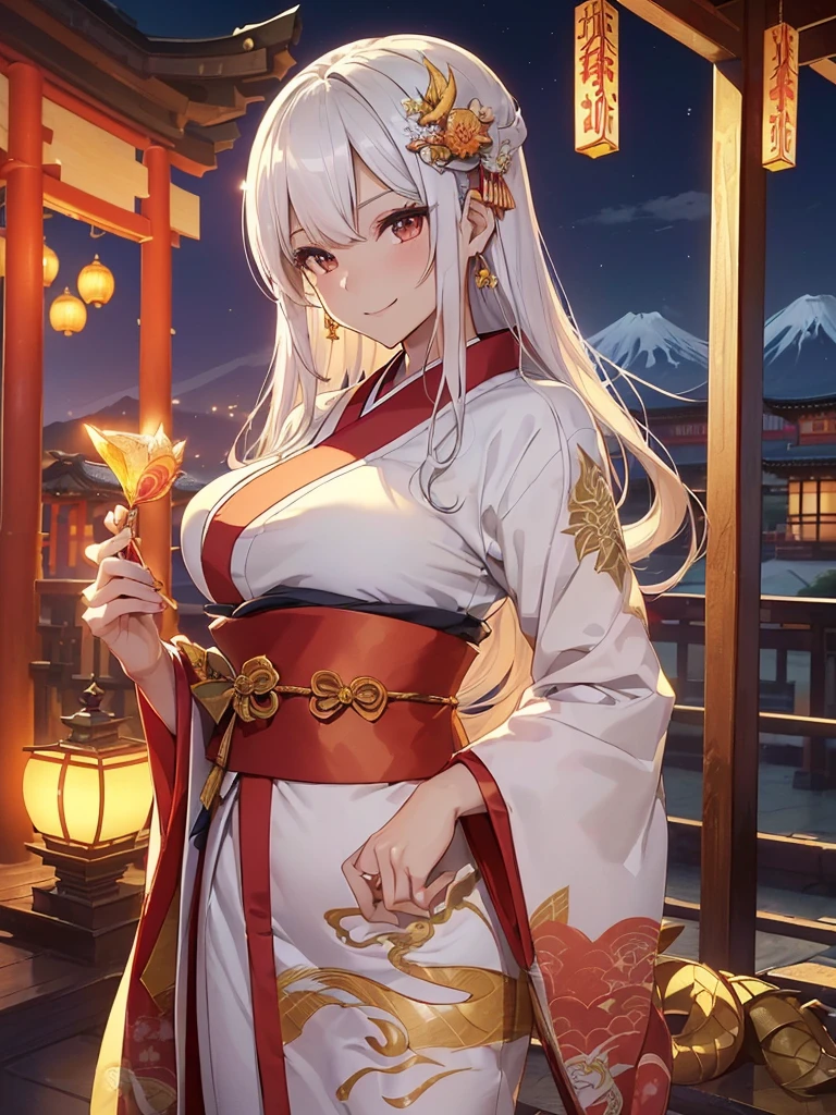 top-quality、Top image quality、Dagashi Teru Piece、Super beautiful Japanese beauty((24 year old、Japan kimono、Best Bust、big bast、Bust 90,beautiful long ironed hair、silber hair、White hair、Kanzashi、A slender、a closeup、Esbian、Beautiful Japan hair、Kanzashi、hiquality、Beautiful Art、morning、Superb Piece、visualart、depth of fields、low angles、devil of light、Happy smile、Gentle light、、Beautiful legs that are gentle on the skin、、、Number of fingers to achieve precise finger movements、ティッカーBeautiful decoration、elegent、Mystical、Beautiful decoration,Japan Kimono 1.3,、japanese art on behance、shenronの模様、shenronの装飾、Dragon Decoration、、ink and watercolor painting、screen、gold foil、神shenron、New Year、Happy New Year⛩、sunrises、morningの瞬間、cute shenron、shenron、formal clothes、handheld mini dragon 朝のsunrises、Visiting the shrine、is standing、Mare、Mt fuji