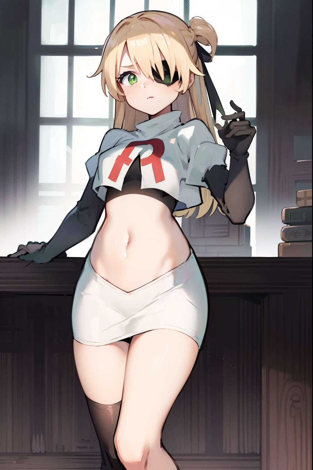 absurdres, fischl (dunkelnacht sakrament) (genshin impact), green eyes, (white pupils:1.2), fischl (genshin impact), medium_breasts, blonde hair, eyepatch, long hair, hair over one eye, bangs, hair ribbon, small breasts, 1girl, team rocket,team rocket uniform,white skirt,red letter R,crop top,black thigh-high boots,black elbow gloves, shy
