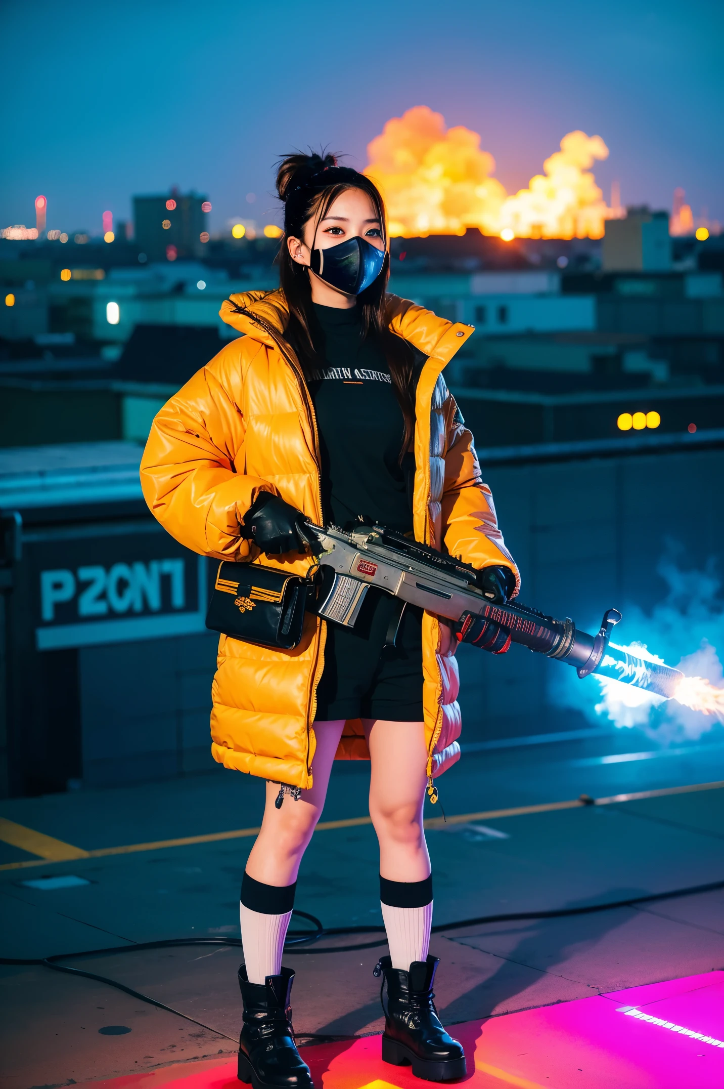 gals、Large gas mask、fur-coat、dictator、Big dragon tattoo、Tattoos all over the body、Glowing headgear、On the rooftop、Huge background is a neon sign、Leather gloves、long boots、Holding a Japan sword、Baseball armor、insurrection、Nuclear power plant in the background、Terrorist groupluorescence Headgear、short-haired、bleu hair、Ignite fire from a flamethrower、middle school girl、14years、gas masks、high socks、Rooftop at night、City on fire in the background