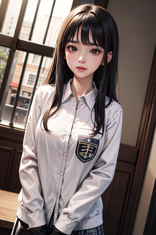 (sfw) A troublemaker university student, with a cold expression, long silky hair, black eyes, medium breasts, Korean standard university uniform, very beautiful, Dutch angle