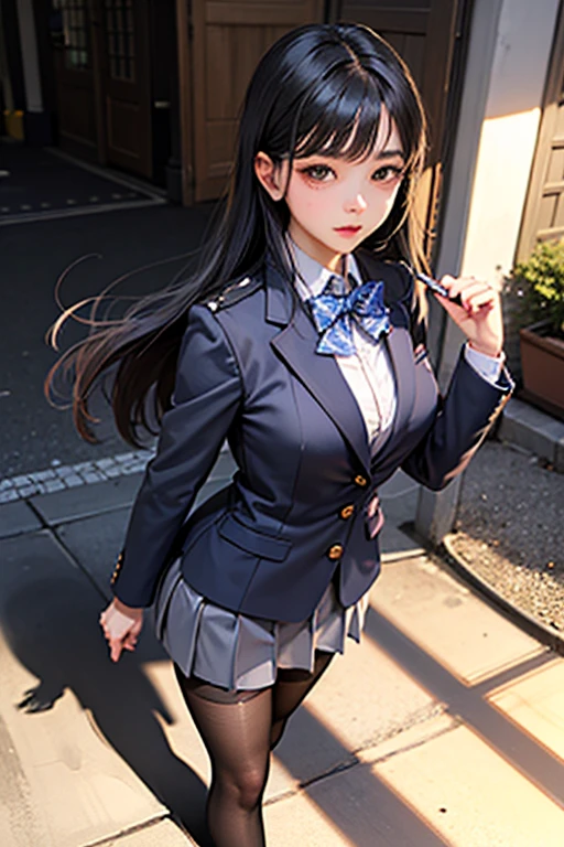 (sfw) A troublemaker university student, with a cold expression, long silky hair, black eyes, medium breasts, Korean standard university uniform, very beautiful, Dutch angle