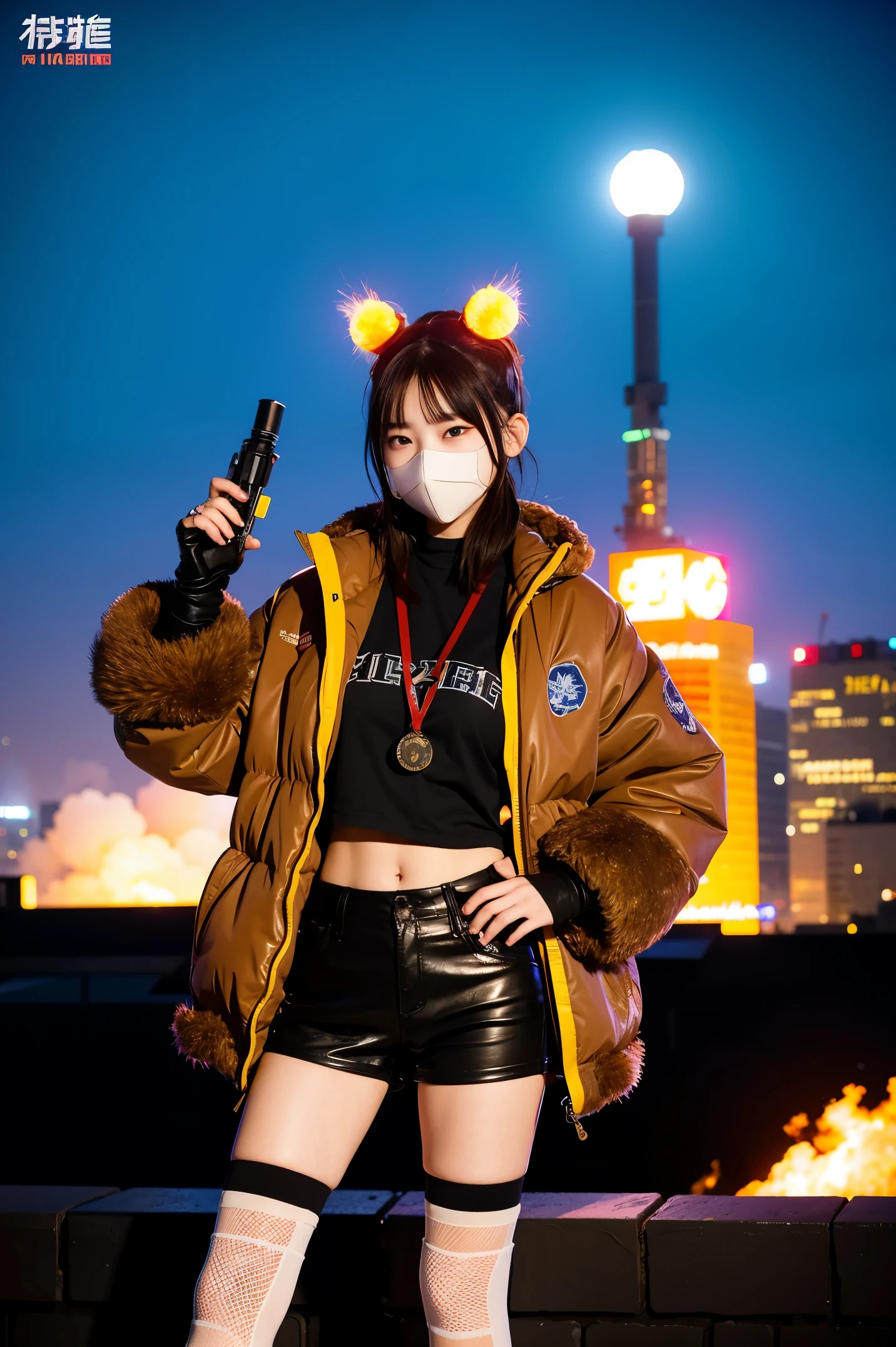 gals、Large gas mask、fur-coat、dictator、Big dragon tattoo、Tattoos all over the body、Glowing headgear、On the rooftop、Huge background is a neon sign、Leather gloves、long boots、Holding a Japan sword、Baseball armor、insurrection、Nuclear power plant in the background、Terrorist groupluorescence Headgear、short-haired、bleu hair、Ignite fire from a flamethrower、、14years、gas masks、 socks、Rooftop at night、City on fire in the background