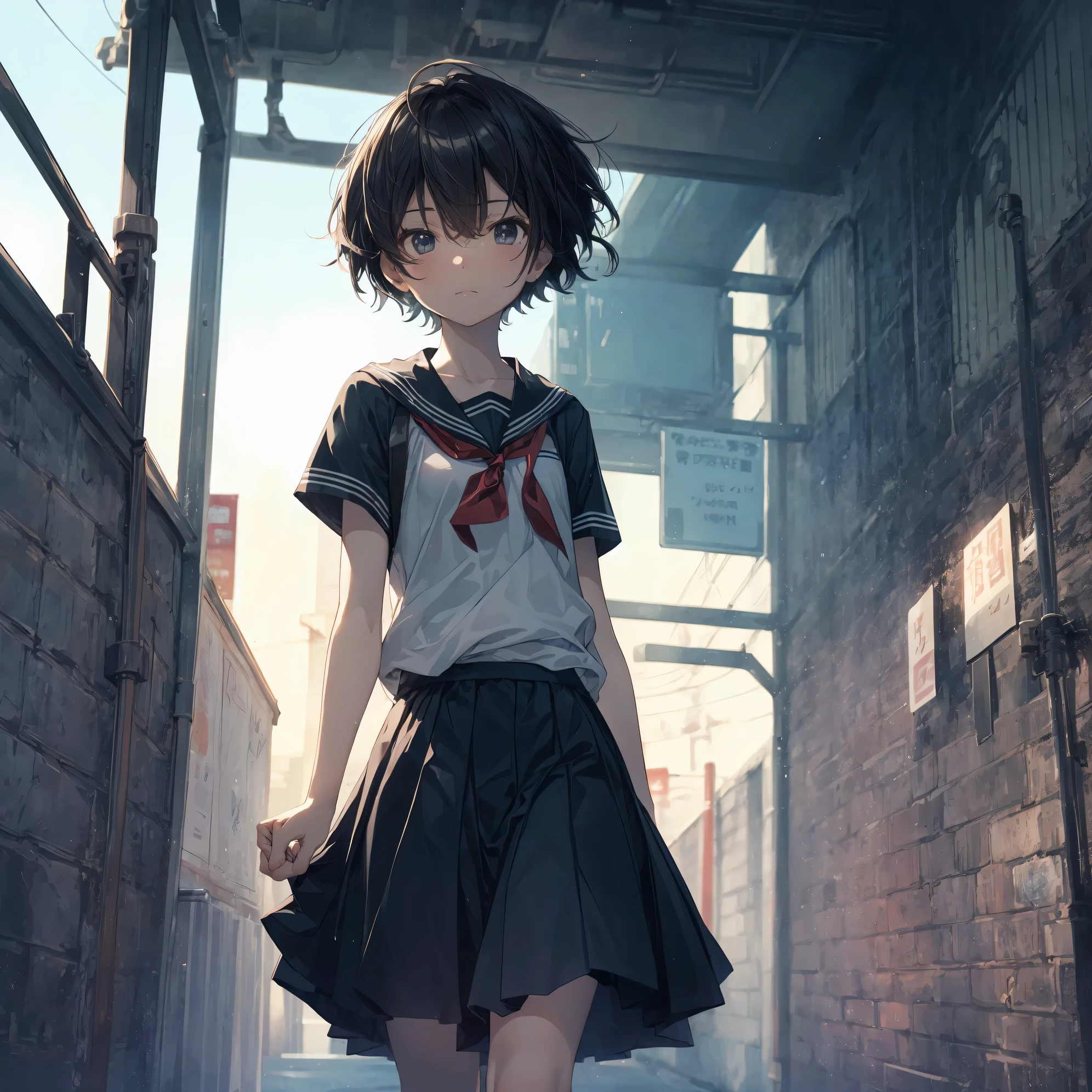 Super high quality by the art god, Ultra-detailed, High resolution, Shinkai Makoto style, anime moe art style, best anime 8K konachan wallpaper, Pixiv Contest Winner, Perfect Anatomy, BREAK,(Please draw a sleepy girl going to school alone.. ),BREAK, a hyperrealistic schoolgirl, (Solo,Lori,,13yea:1.3),Full limbs, complete fingers,a junior gynous attraction, (extra very short hair), hair messy, flat and soft chest, Small butt, groin, Small eyes,Beautiful detailed black eyes, Well-proportioned iris and pupils, disgusted eye, High resolution detailed hair, School uniform, Skirt, On the way to school. BREAK,Ultra-detailed細なスキン, Best lighting by famous artists, 8K, Illustration,
