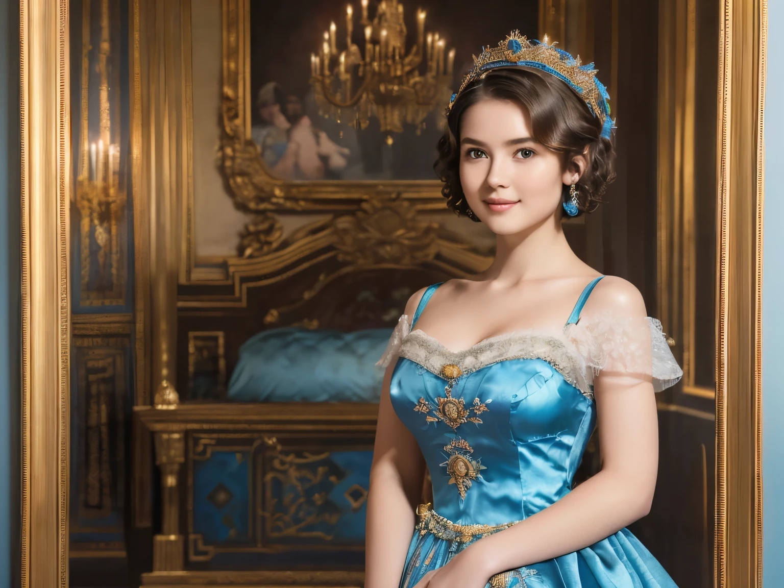 142
(a 20 yo woman,in the palace), (A hyper-realistic), (high-level image quality), ((beautiful hairstyle 46)), ((short-hair:1.46)), (kindly smile), (breasted:1.1), (lipsticks), (wearing a blue dress), (murky,wide,Luxurious room), (florals), (an oil painting、Rembrandt)