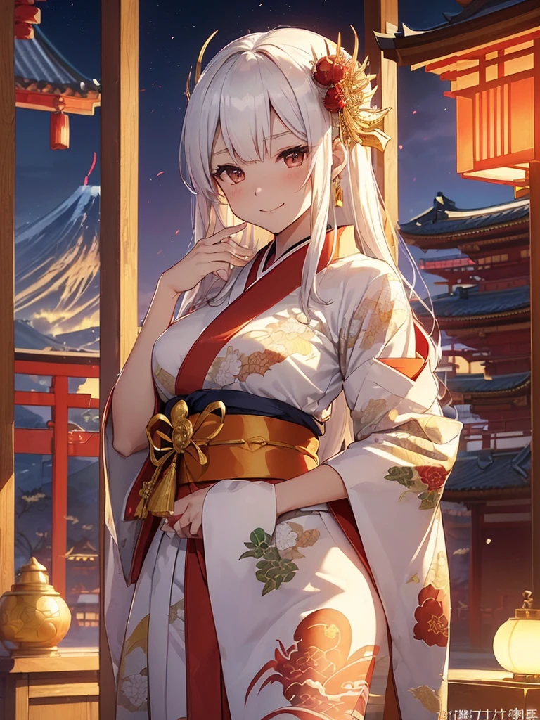 top-quality、Top image quality、Dagashi Teru Piece、Super beautiful Japanese beauty((24 year old、Japan kimono、Best Bust、big bast、Bust 90,beautiful long ironed hair、silber hair、White hair、Kanzashi、A slender、a closeup、Esbian、Beautiful Japan hair、Kanzashi、hiquality、Beautiful Art、morning、Superb Piece、visualart、depth of fields、low angles、devil of light、Happy smile、Gentle light、、Beautiful legs that are gentle on the skin、、、Number of fingers to achieve precise finger movements、ティッカーBeautiful decoration、elegent、Mystical、Beautiful decoration,Japan Kimono 1.3,、japanese art on behance、shenronの模様、shenronの装飾、Dragon Decoration、、ink and watercolor painting、screen、gold foil、神shenron、New Year、Happy New Year⛩、sunrises、morningの瞬間、cute shenron、shenron、formal clothes、handheld mini dragon 朝のsunrises、Visiting the shrine、is standing、Mare、Mt fuji