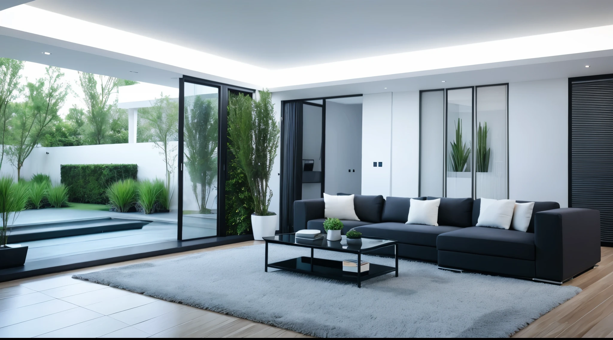 You are a famous interior designer、You have been asked to create a 3D image of a modern large room. Create a harmonious environment with modern and minimalist furniture. Including garden interior.