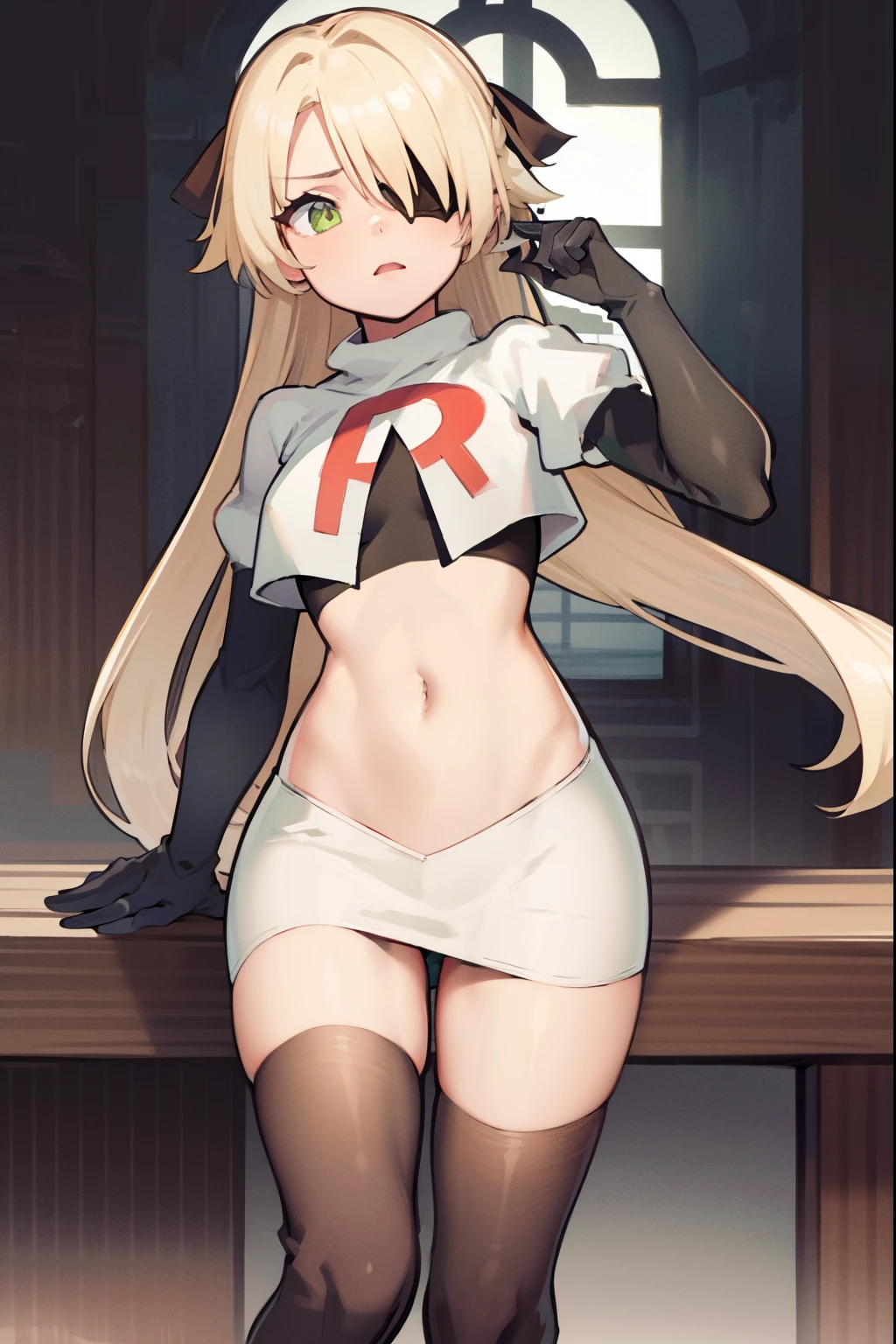 absurdres, fischl (dunkelnacht sakrament) (genshin impact), green eyes, (white pupils:1.2), fischl (genshin impact), medium_breasts, blonde hair, eyepatch, long hair, hair over one eye, bangs, hair ribbon, small breasts, 1girl, team rocket,team rocket uniform,white skirt,red letter R,crop top,black thigh-high boots,black elbow gloves, shy