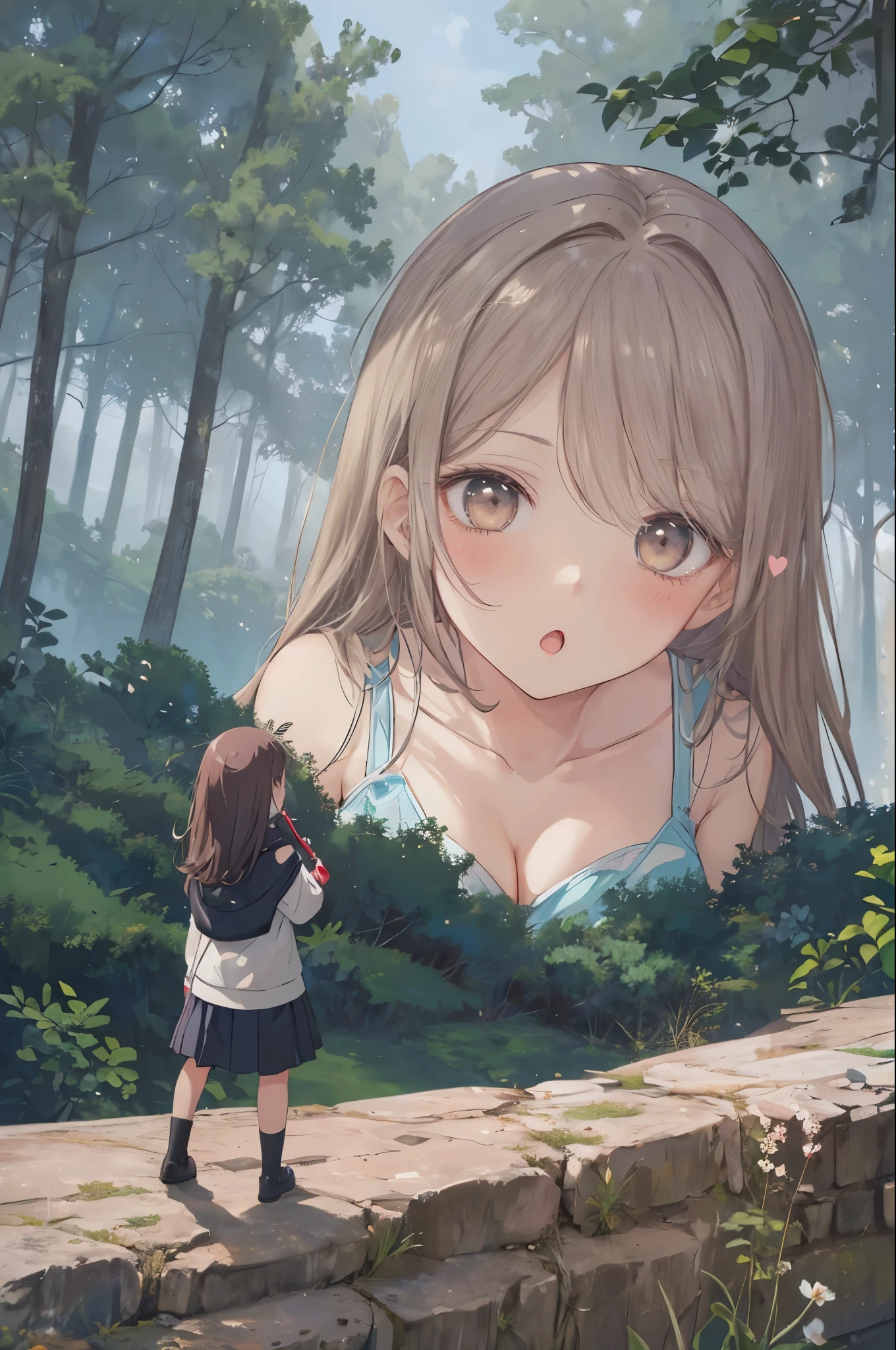 (a giant girl in front of a girl on a tiny cliff: 1.2), (a giant looming over a girl on a tiny cliff), (forest background: 1.3), (minigirl on a cliff:1.2), (girl on a cliff rear view: 1.2), hills, mountains, forests, professionally drawn, (huge breasts), (cleavage sweat), (anime drawing:1.1), (simple bold lines: 1.1), (anime:1.1), (very cute anime girl), (bright), (low contrast), collarbone, (prettiest teenage girl), (mature face: 1.4), (tall girl with big breasts: 1.2), :o