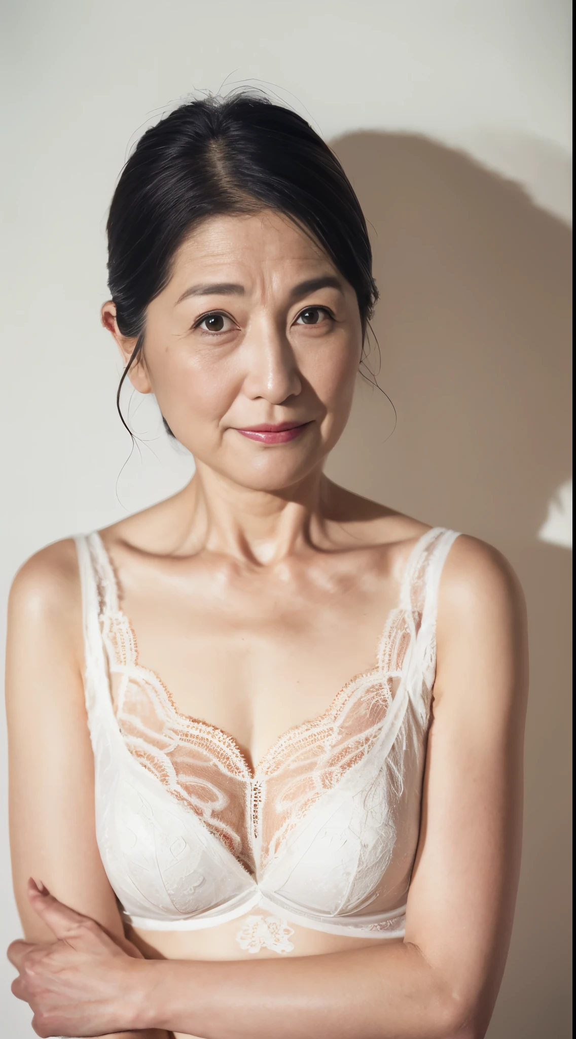 (((Solo))), Obscene look, Elderly mature woman pure white background, gravure, facing front, ((Identity to the camera)), ((Black eyes)), wear a fancy bra, describe the lips correctly,red-lips, Fancy makeup, from the chest up, masuter piece, Best Quality, Ultra-detailed, Photorealistic, Ultra-detailed細なスキン, Perfect Anatomy, (1 mature housewife), (positive), 95 years old, Tremendous big, fashion modell, glamor, A sexy, Chromo-white skin, Looking at Viewer,