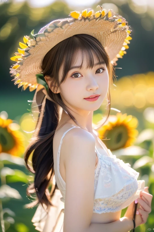 (Highly detailed CG Unity 16k wallpaper:1.1), (Denoising strength: 1.45), (T-Mastepiece:1.37), ((In the sunflower field,straw hat girl ackligh),(summer fashionista,Exposed skin a lot),(Best Illumination, Best Shadow, extremely delicate and beautiful), Girl on the central axis of the photo, Small breasts, ((Sunflowers with ultimate details)), Beautiful detailed sky, extremely delicate and beautiful女の子, Sunflower fields at strong summer sunlight、beautiful detailed cloud, (((the Extremely Detailed CG Unity 8K Wallpapers))), Ultra-, god rays, spark of light, Glowing light, (((masterpiece))), (((Full body photo,Standing))), (One beautiful Japan girl, Innocence,kawaii) ,超A high resolution, Realistic, ultra-detailliert, 8K,top-quality, Extremely detailed, Detailed background,A slender,very beautiful japanese girl, Detailed face:1.3), (has hair tied up in a bun,A dark-haired :1.4), (a baby face,kawaii系,adorable 10 year old girl), (Perfect body:1.1), cute and innocent smile,Show your beautiful teeth,sexy pose,rosy cheeks,Super Detailed Face、Detailed lips、A detailed eye、small gravure idol,Transparent skin、ta,japanese hight school uniform,Photorealistic:1.37,no-makeup,Neutral Lighting,