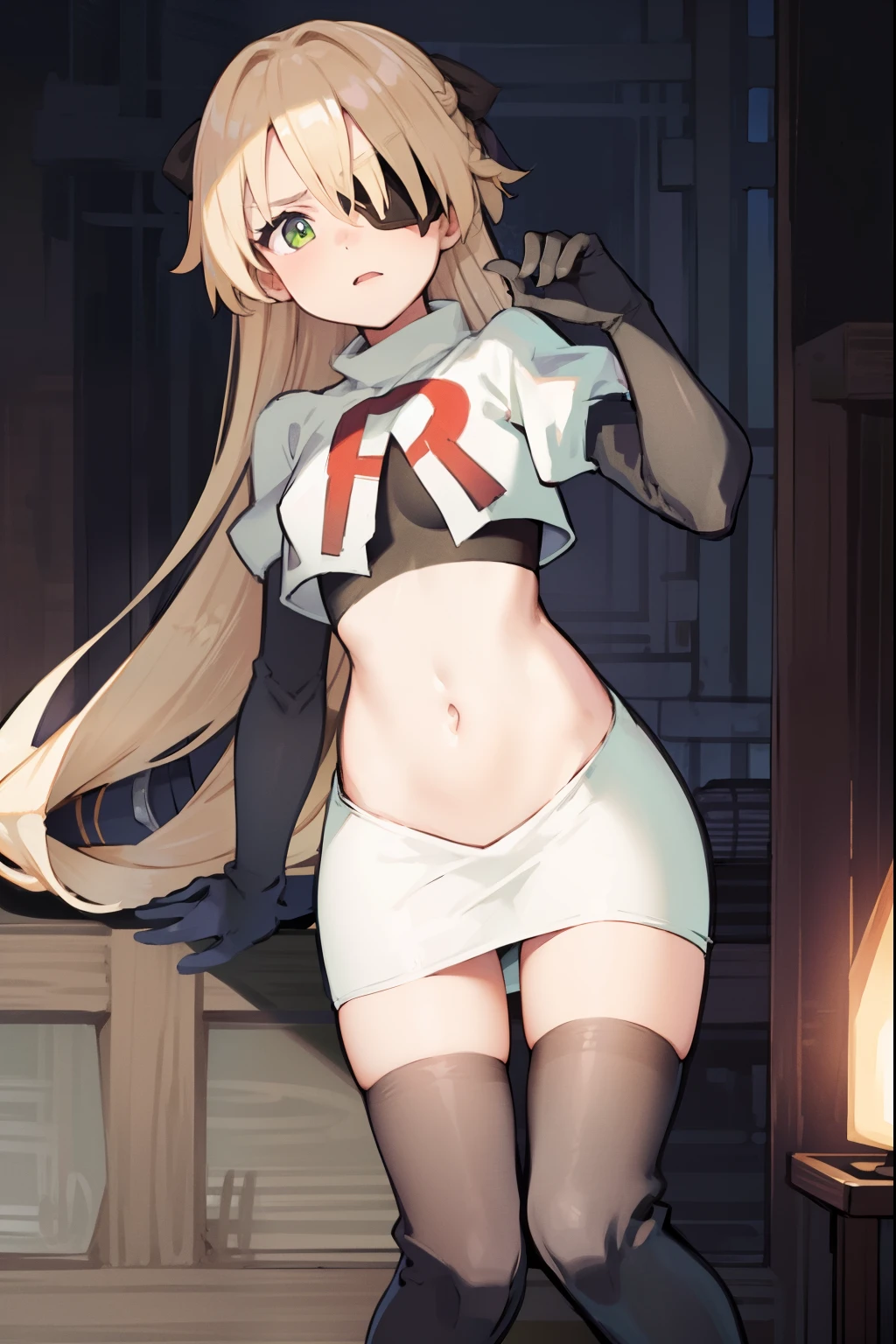 absurdres, fischl (dunkelnacht sakrament) (genshin impact), green eyes, (white pupils:1.2), fischl (genshin impact), medium_breasts, blonde hair, eyepatch, long hair, hair over one eye, bangs, hair ribbon, small breasts, 1girl, team rocket,team rocket uniform,white skirt,red letter R,crop top,black thigh-high boots,black elbow gloves, shy