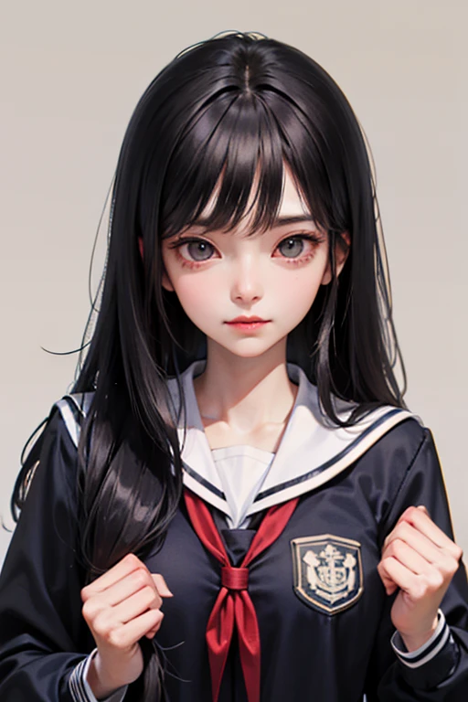 (sfw) A troublemaker university student, with a cold expression, long silky hair, black eyes, medium breasts, Korean standard university uniform, very beautiful, she is really dangerous, Dutch angle