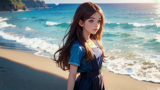 anime girl with long brown hair and blue eyes standing on beach, digital art by Li Song, trending on cg society, digital art, realistic young anime girl, anime barbie doll, kawaii realistic portrait, photorealistic anime, hyper realistic anime, 3 d anime realistic, realistic anime 3 d style, 3d anime girl, hyperrealistic schoolgirl, photorealistic anime girl render