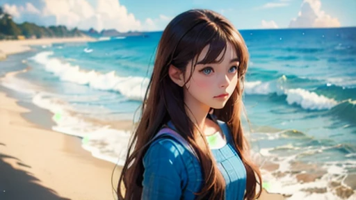 anime girl with long brown hair and blue eyes standing on beach, digital art by Li Song, trending on cg society, digital art, realistic young anime girl, anime barbie doll, kawaii realistic portrait, photorealistic anime, hyper realistic anime, 3 d anime realistic, realistic anime 3 d style, 3d anime girl, hyperrealistic schoolgirl, photorealistic anime girl render