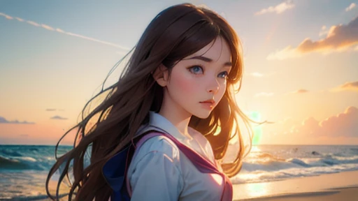 anime girl with long brown hair and blue eyes standing on beach, digital art by Li Song, trending on cg society, digital art, realistic young anime girl, anime barbie doll, kawaii realistic portrait, photorealistic anime, hyper realistic anime, 3 d anime realistic, realistic anime 3 d style, 3d anime girl, hyperrealistic schoolgirl, photorealistic anime girl render