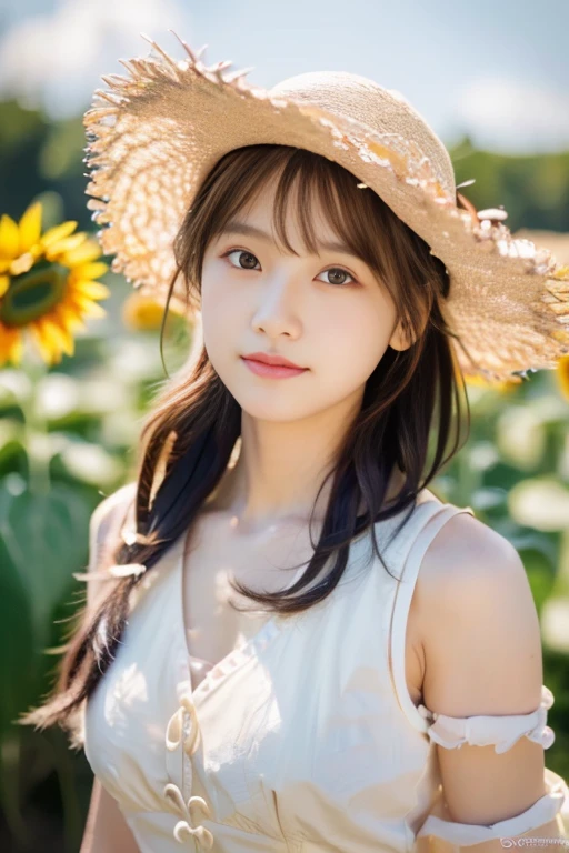 nude,18 year old beauty, student, Big eyes, cute, looking at camera,very big breasts,Japan,beautiful breasts,sunflower