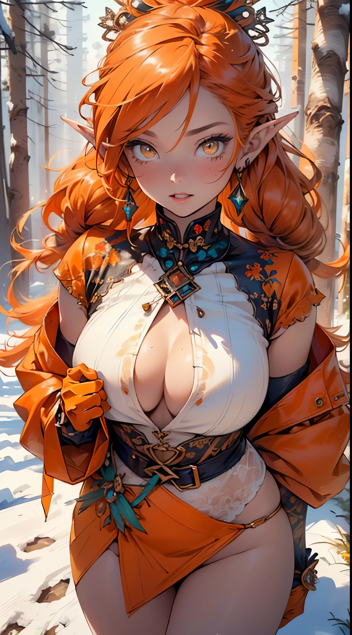 cute loli elf,(((little loli,tiny little body,little))),(((6 years old))),((anime elf loli with extremely cute and beautiful orange hair)), (((elf))), (((elf ears))),

(((flat chest))),((((orange hair:1.35,messy orange hair,long hair,huge braids,colored inner hair,ear breathing)))),(((orange_eyes:1.3))),intricate eyes,beautiful detailed eyes,symmetrical eyes,big eyes:1.5,(((lustrous skin:1.5,bright skin: 1.5,skin tanned,shiny skin,very shiny skin,shiny body,plastic glitter skin,exaggerated shiny skin,illuminated skin))),(detailed body,(detailed face)),

cute,slutty,erotic,daring,(((nsfw))),

zettai ryouiki,revealing clothing,show skin,(((Sexy orange coat, orange coat outfit, wearing a orange coat:1.3,orange winter coat))), ((orange mini-skirt,orange mini skirt with furry edge,visible thong straps)),((underpants strap)),(white gloves,orange clothes,semi-naked,with little orange clothing,((((furry edge clothing)))),(((intricate outfit,intricate clothes,embroidered outfit,ornate outfit))),

(dynamic pose:1.0),embarrassed,(centered,scale to fit dimensions,Rule of thirds),

((snowy pine forest)),winter,scenery:1.25,((intricate scenery)),((snow forest background)),Christmas tree,

(Glossy winter ornaments),highres,sharp focus,(ultra detailed,extremely detailed),(photorealistic artwork:1.37),(extremely detailed CG unity 8k wallpaper),(((vibrant colors,vibrant theme))),(intricate),(masterpiece),(best quality),