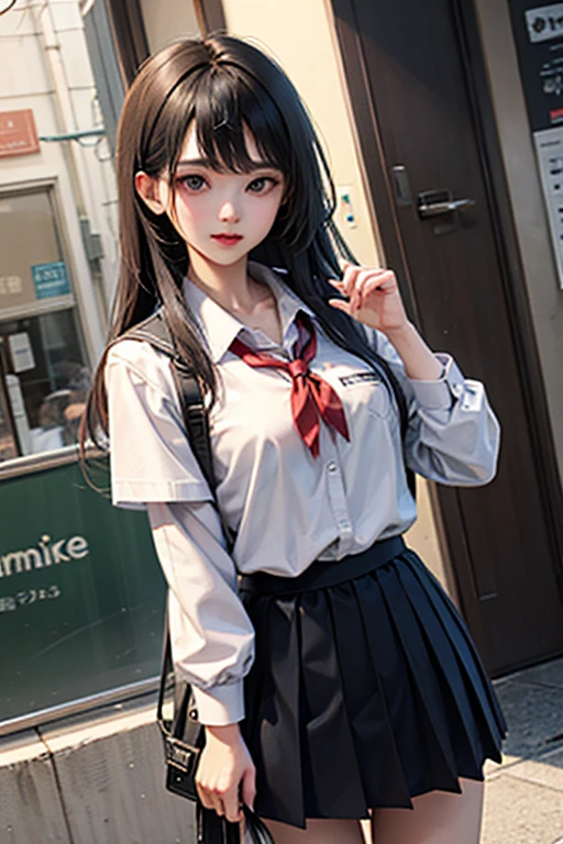 (sfw) A troublemaking college student, with a cold expression, long silky hair, black eyes, medium breasts, Korean standard college uniform, very pretty, she is looking at you furiously, Dutch angle