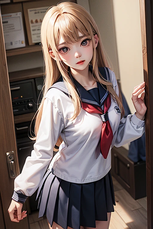 (sfw) A troublemaking college student, with a cold expression, long silky hair, black eyes, medium breasts, Korean standard college uniform, very pretty, she is looking at you furiously, Dutch angle