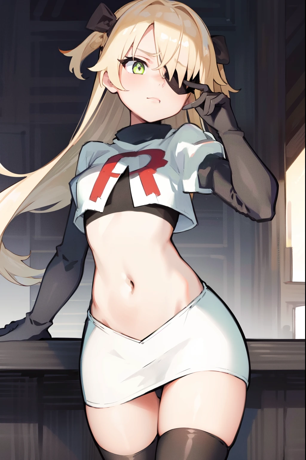 absurdres, fischl (dunkelnacht sakrament) (genshin impact), green eyes, (white pupils:1.2), fischl (genshin impact), medium_breasts, blonde hair, eyepatch, long hair, hair over one eye, bangs, hair ribbon, small breasts, 1girl, team rocket,team rocket uniform,white skirt,red letter R,crop top,black thigh-high boots,black elbow gloves, shy