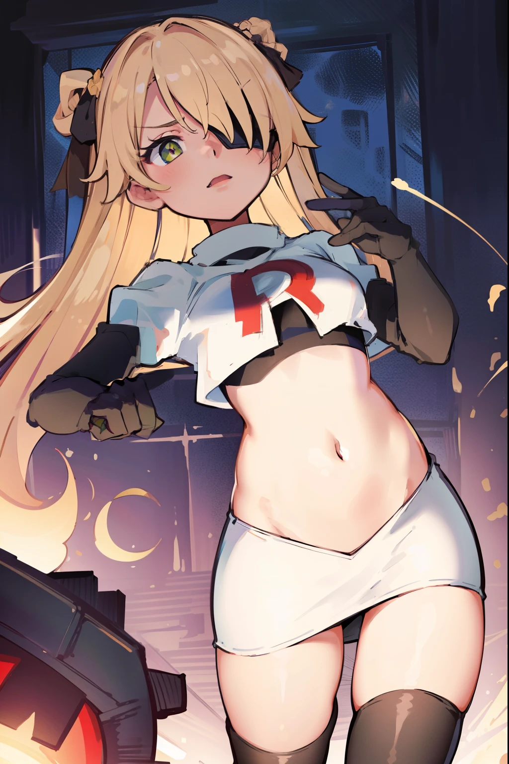 absurdres, fischl (dunkelnacht sakrament) (genshin impact), green eyes, (white pupils:1.2), fischl (genshin impact), medium_breasts, blonde hair, eyepatch, long hair, hair over one eye, bangs, hair ribbon, small breasts, 1girl, team rocket,team rocket uniform,white skirt,red letter R,crop top,black thigh-high boots,black elbow gloves, shy