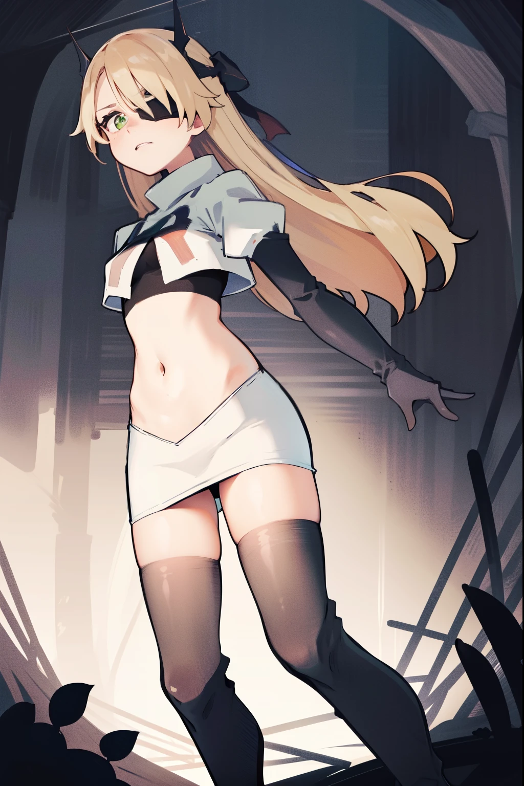 absurdres, fischl (dunkelnacht sakrament) (genshin impact), green eyes, (white pupils:1.2), fischl (genshin impact), medium_breasts, blonde hair, eyepatch, long hair, hair over one eye, bangs, hair ribbon, small breasts, 1girl, team rocket,team rocket uniform,white skirt,red letter R,crop top,black thigh-high boots,black elbow gloves, shy