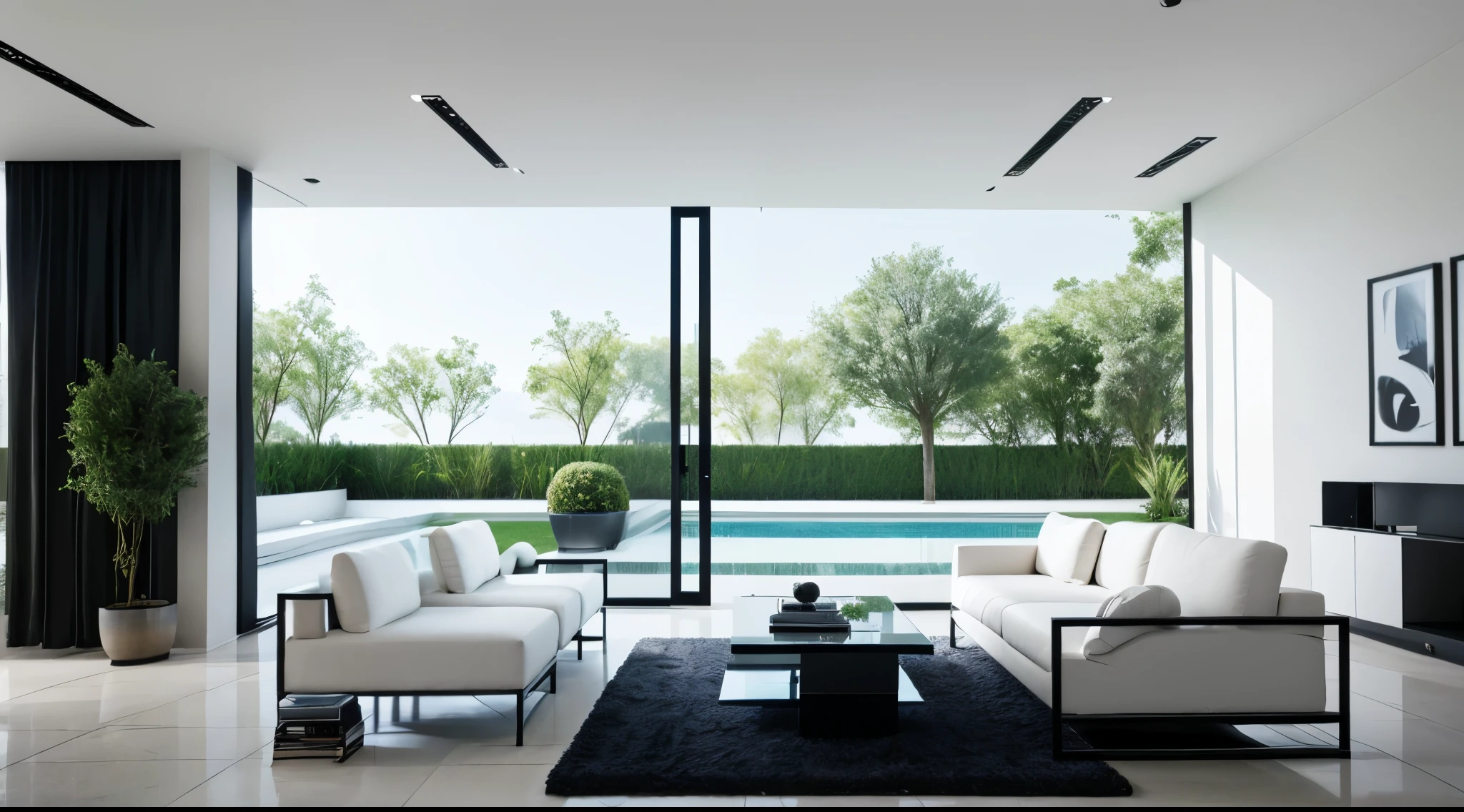 You are a famous interior designer、You have been asked to create a 3D image of a modern large room. Create a harmonious environment with modern and minimalist furniture. Including garden interior.