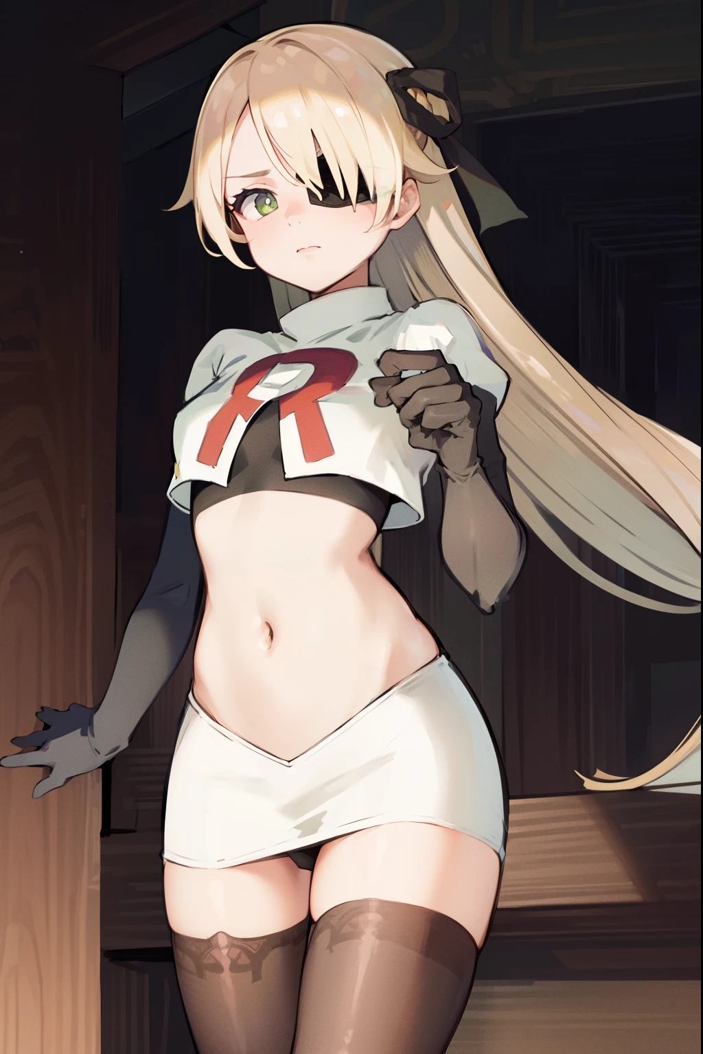 absurdres, fischl (dunkelnacht sakrament) (genshin impact), green eyes, (white pupils:1.2), fischl (genshin impact), medium_breasts, blonde hair, eyepatch, long hair, hair over one eye, bangs, hair ribbon, small breasts, 1girl, team rocket,team rocket uniform,white skirt,red letter R,crop top,black thigh-high boots,black elbow gloves,
