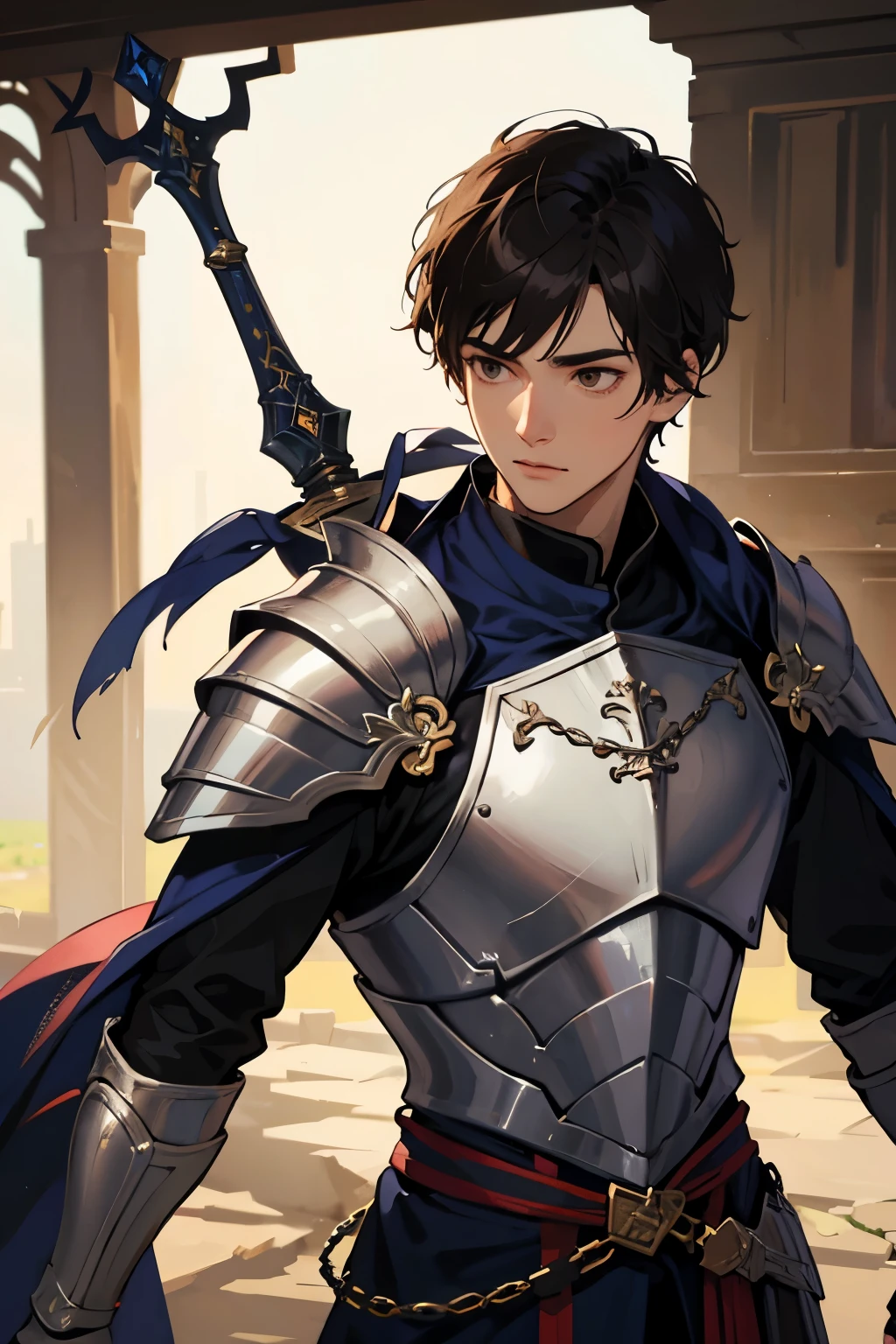 1 male, black hair, short hair, brown eyes, friendly face, detailed face, detailed eyes, masterpiece, detailed background, shining armor, paladin armor, sword in hand