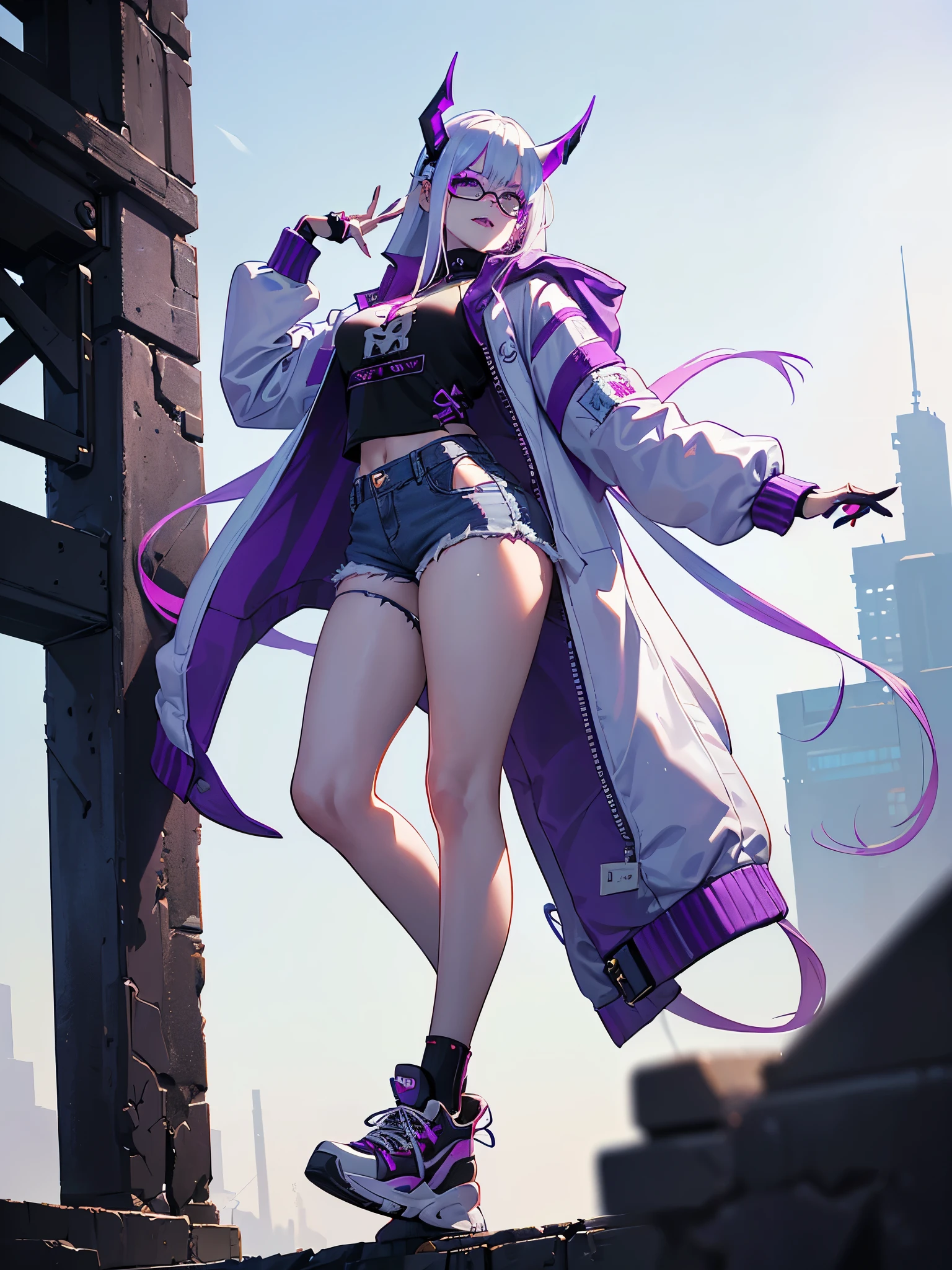 a demon girl with CYBERPUNK ornaments, glasses half hanging on her face, long cyberpunk hair, white hair, thick lips, demonic smile, (((wearing a purple cyberpunk jacket, white high-top sneakers with socks, denim shorts and bigger horns))), small breasts round, big booty, strong thighs, {extremely detailed 16k CG unit wallpaper}, expansive landscape photography, (a low view with focus on the character, and setting), (wide view of open field), (photo low angle), (high light: 1.4), (low light: 1.4), (warm light source: 1.5), complex details, (iridescent colors: 1.4), (bright lighting), (atmospheric lighting), Dreamy, single,