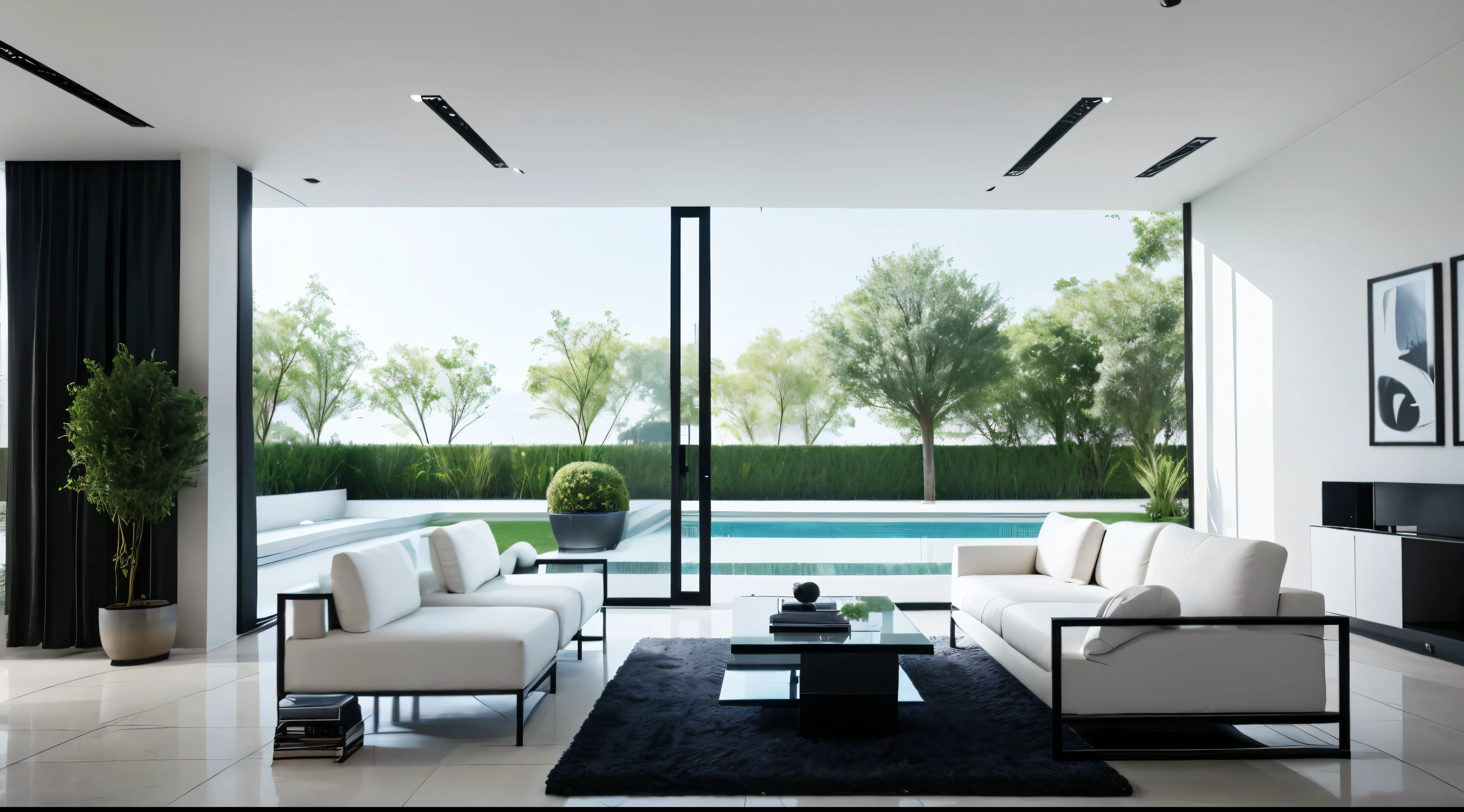 You are a famous interior designer、You have been asked to create a 3D image of a modern large room. Create a harmonious environment with modern and minimalist furniture. Including garden interior.
