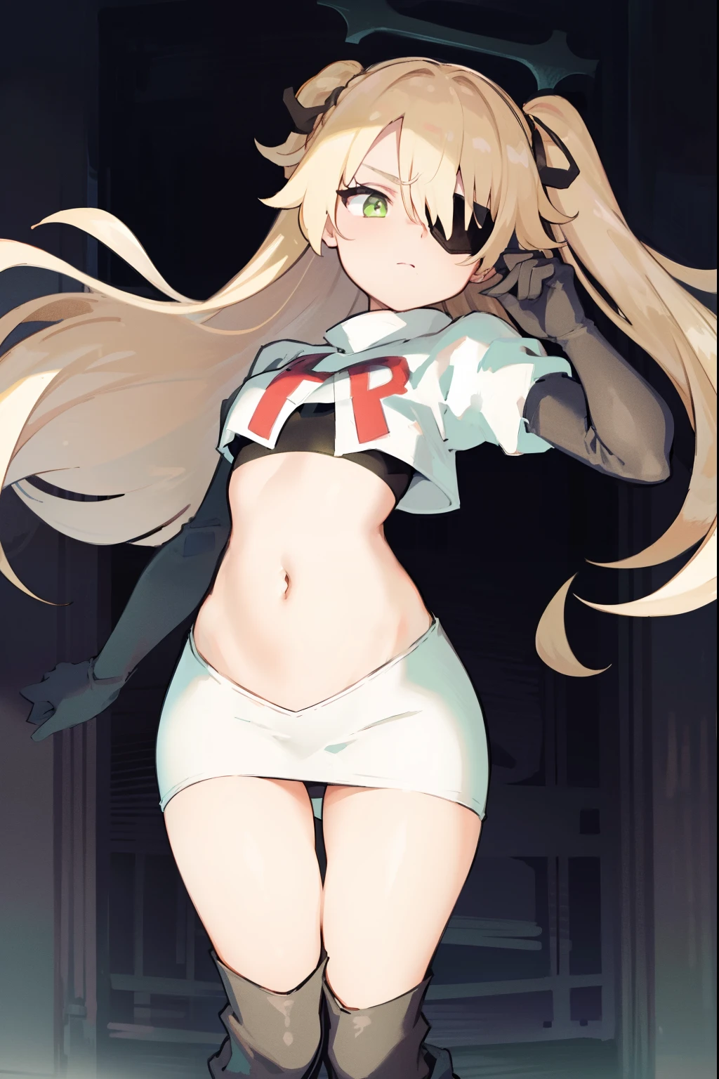 absurdres, fischl (dunkelnacht sakrament) (genshin impact), green eyes, (white pupils:1.2), fischl (genshin impact), medium_breasts, blonde hair, eyepatch, long hair, hair over one eye, bangs, hair ribbon, small breasts, 1girl, team rocket,team rocket uniform,white skirt,red letter R,crop top,black thigh-high boots,black elbow gloves,