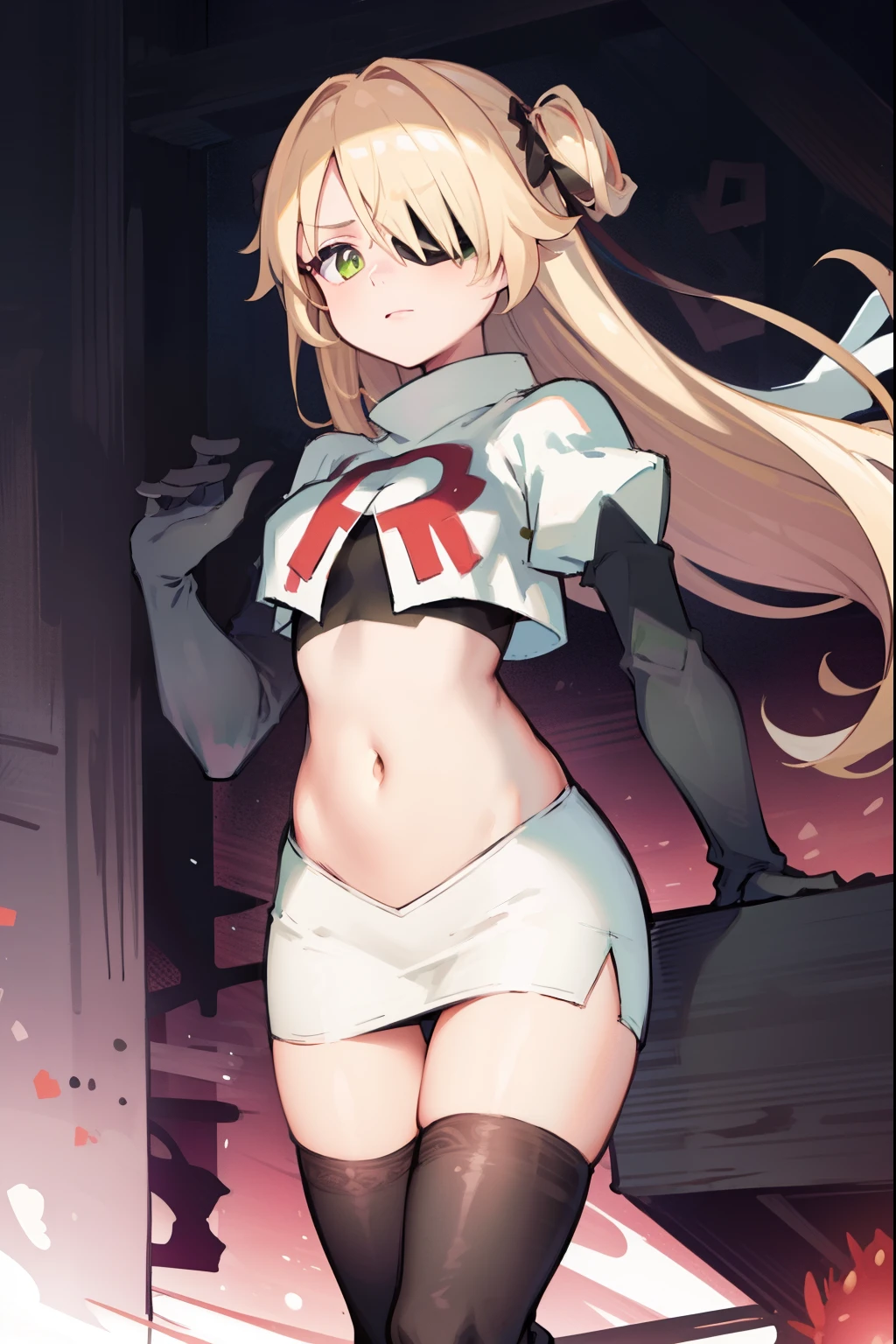 absurdres, fischl (dunkelnacht sakrament) (genshin impact), green eyes, (white pupils:1.2), fischl (genshin impact), medium_breasts, blonde hair, eyepatch, long hair, hair over one eye, bangs, hair ribbon, small breasts, 1girl, team rocket,team rocket uniform,white skirt,red letter R,crop top,black thigh-high boots,black elbow gloves,