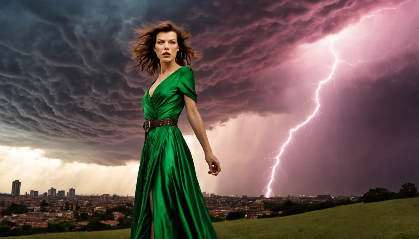 1 girl "milla jovovich com vestido Verde longo", flutuando na cidade with lightning bolts, Mulher no vestido Verde longo com cabelo longos, gothic maiden, Olhos vermelhos, olhando para baixo, lightning clouds, Atmospheric lightning, Pink Lightning, with thunderstorms, Tempestade escura with lightning bolts, Efeito de usar aura roxa.