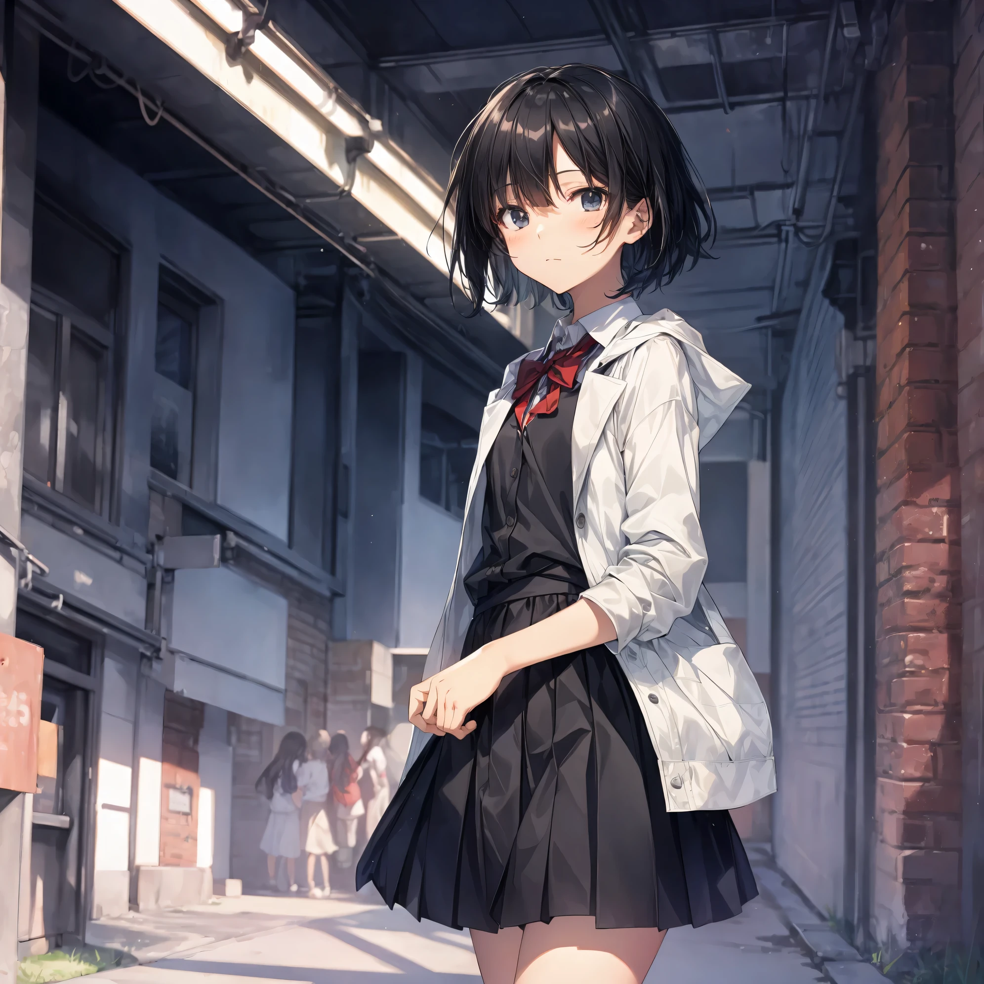 Super high quality by the art god, Ultra-detailed, High resolution, Shinkai Makoto style, anime moe art style, best anime 8K konachan wallpaper, Pixiv Contest Winner, Perfect Anatomy, BREAK,(Please draw a sleepy girl going to school alone.. ),BREAK, a hyperrealistic schoolgirl, (Solo,Lori,child,13years:1.3),Full limbs, complete fingers,a junior high school student, Androgynous attraction, (extra very short hair), hair messy, flat and soft chest, Small butt, groin, Small eyes,Beautiful detailed black eyes, Well-proportioned iris and pupils, disgusted eye, High resolution detailed hair, School uniform, Skirt, On the way to school. BREAK,Ultra-detailed細なスキン, Best lighting by famous artists, 8K, Illustration,