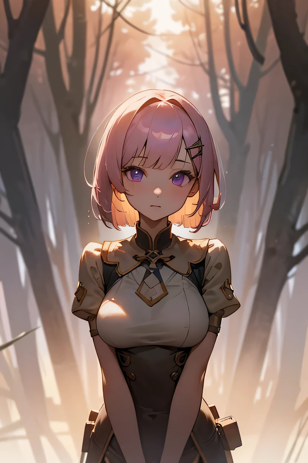 masutepiece, Highest Quality, ultra-detailliert, High resolution, (Ink painting style), Good anatomy, 1 beautiful woman, slim, medium breasts, thin waist, Solo, Hair Ornament, bob cuts, Short hair, Pink hair, Purple eyes, (wearing yellow school uniform), Looking at Viewer, (Background in the forest, In summer), standing on your feet, Seen from the front, Hair straightening, Mostly cloudy sky, (Very detailed CG Unity 8K wallpaper), Cinematic lighting, 细致背景, Beautifully detailed pupils, (Very fine and beautiful), (Beautiful and detailed eyes description), facing at camera, (Upper body photo), best light, Best Shadow, Mysterious, Perfect face, Highly detailed,