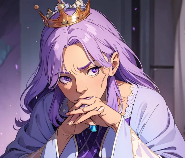 (Elderly female), (wrinkleading purple hair, crown, queen, long light blue dress with white trimming, hands together.