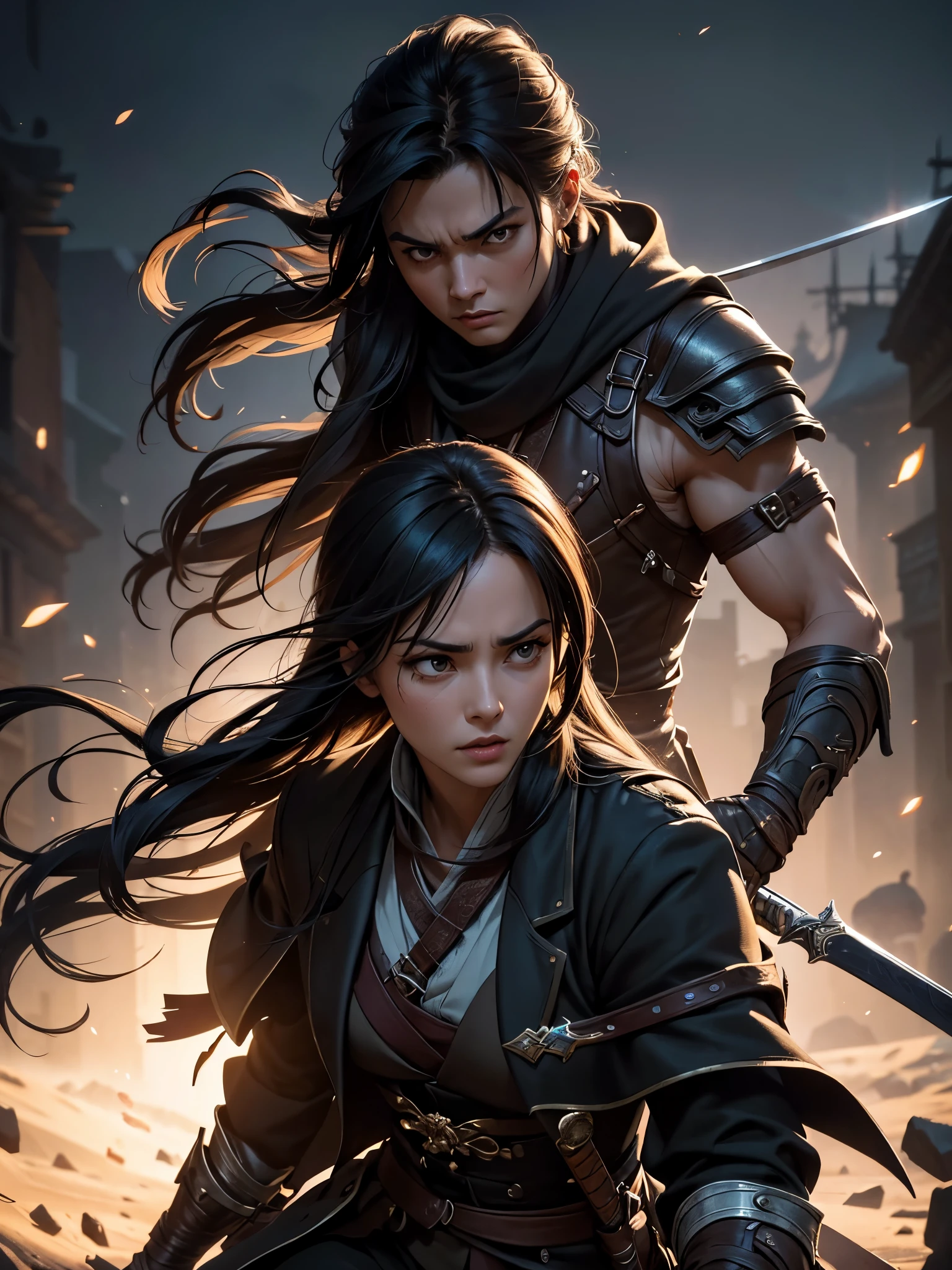 Not included in the above-mentioned standard.(3d rendering without post processing),(highres, ultra-detailed)(exquisite,highest quality,high-quality professional)(portraits,realism)。The picture shows a realistic portrait of two agile assassins in action, drawn with exquisite details. The assassins, played by actors Noriyuki Higashiyama and Makoto Fujita, exude a sense of danger and intensity. They are shown in a fast-paced action sequence, with swords drawn and mid-air jumps. The assassins' detailed facial features, including their piercing eyes, focused expressions, and intense lip movements, capture their determination and skill. The lighting is dramatic, using studio lighting techniques to enhance the overall atmosphere of suspense and high stakes. The color palette is dark and moody, with deep shadows and vibrant highlights, adding to the sense of mystery and danger. The picture is presented in high resolution, capturing every fine detail of the assassins' attire, weapons, and surroundings.