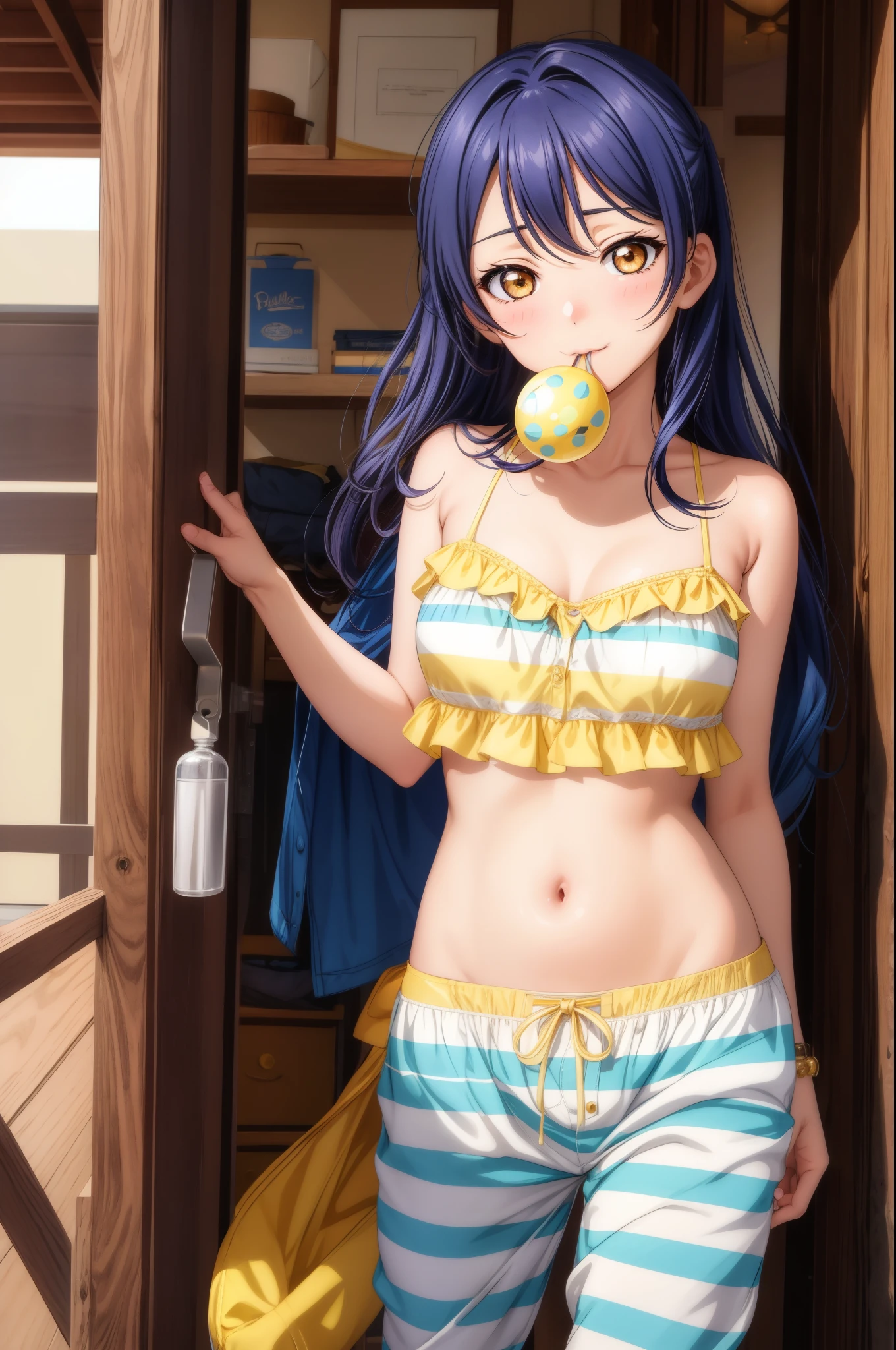 Masterpiece,best quality,Solo,Sonoda umi, cowboy shot, detailed golden eyes, striped tube top, striped panties, blushing, standing, in prison