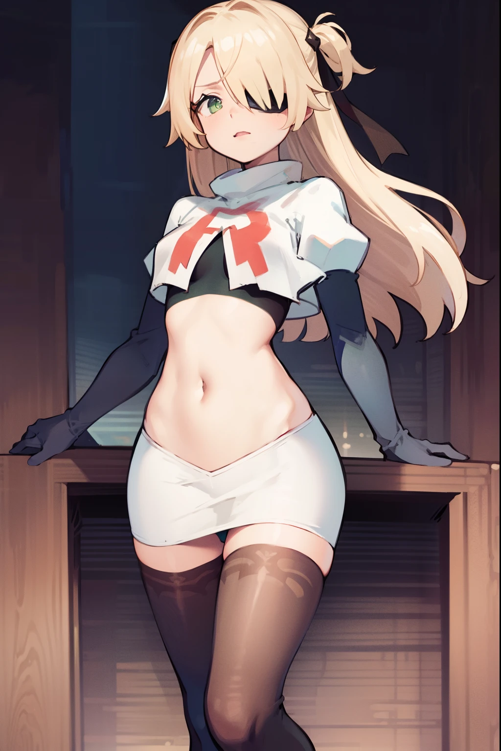 absurdres, fischl (dunkelnacht sakrament) (genshin impact), green eyes, (white pupils:1.2), fischl (genshin impact), medium_breasts, blonde hair, eyepatch, long hair, hair over one eye, bangs, hair ribbon, small breasts, 1girl, team rocket,team rocket uniform,white skirt,red letter R,crop top,black thigh-high boots,black elbow gloves,