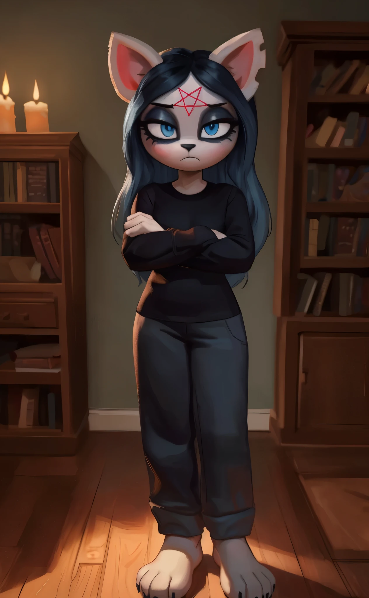 [Claire], [the summoning], [Uploaded to e621.net; (Pixelsketcher), (wamudraws)], ((masterpiece)), ((HD)), ((highres)), ((solo portrait)), ((full body)), ((front view)), ((feet visible)), ((furry; anthro)), ((detailed fur)), ((detailed soft shading)), ((beautiful render art)), {anthro; (slim figure), white fur, black nose, (cat ears), (cut on left ear), long blue hair, (bang over left eye), (pink pentagram on forehead), (cute blue eyes), (short eyelashes), (indigo eyeshadow), (curvy hips), (beautiful legs), (beautiful feet), (blushing), (nervous frown)}, {(long sleeve black shirt), (light-blue pajama pants)}, {(standing), (crossed arms), (looking at viewer)}, [background; (living room), (mahogany floor), (bookshelf), (candle), (ambient lighting)]