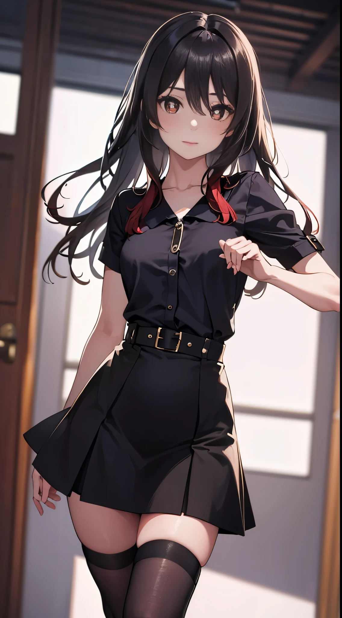 A girl seen from the floor, Can wear a skirt, look from down, Over the knee black silk,Didn't wear it, higher, ((The is very detailed)), (The details of the face are perfect), (The is very detailed hand), photorealistic image.