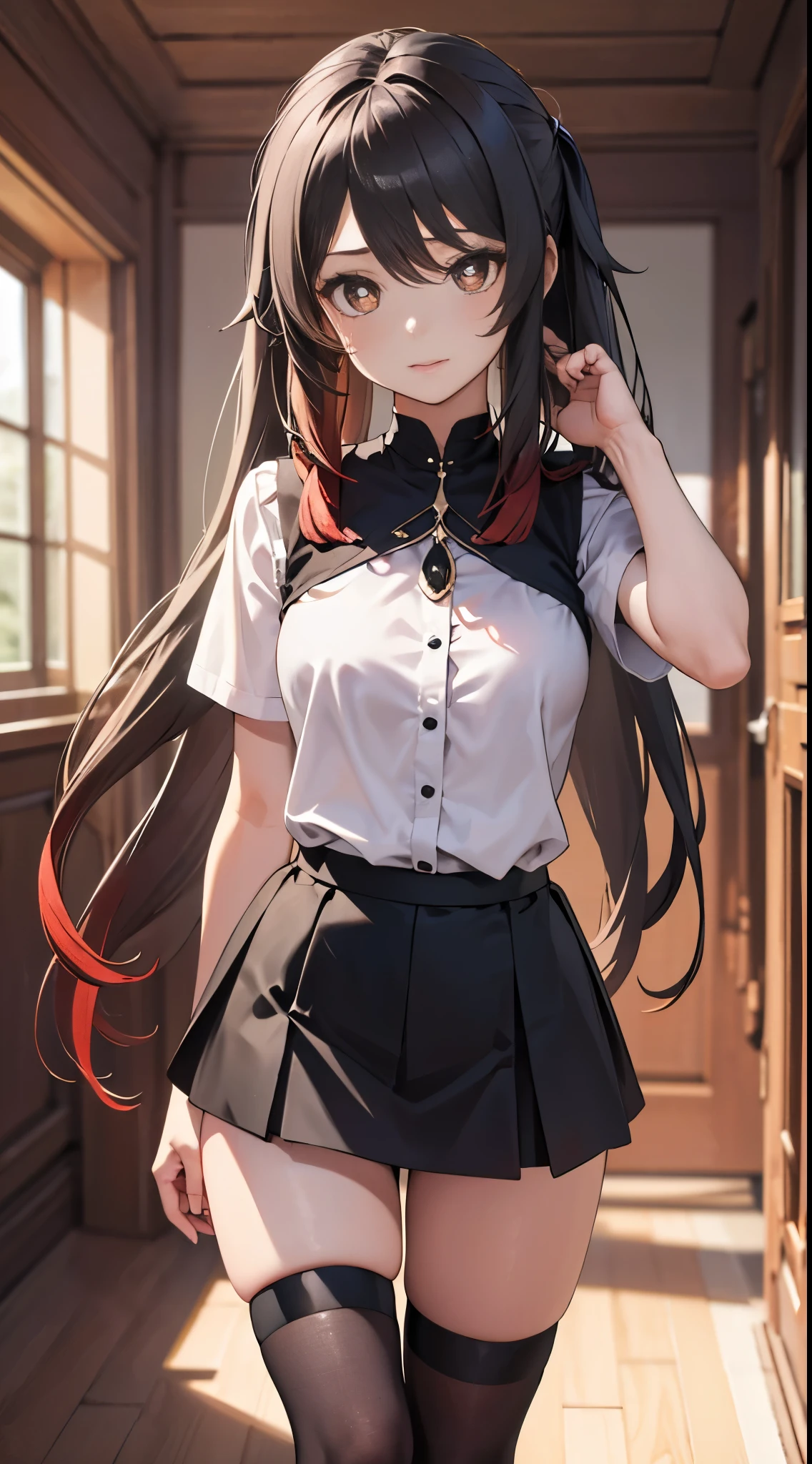 A girl seen from the floor, Can wear a skirt, look from down, Over the knee black silk,Didn't wear it, higher, ((The is very detailed)), (The details of the face are perfect), (The is very detailed hand), photorealistic image.