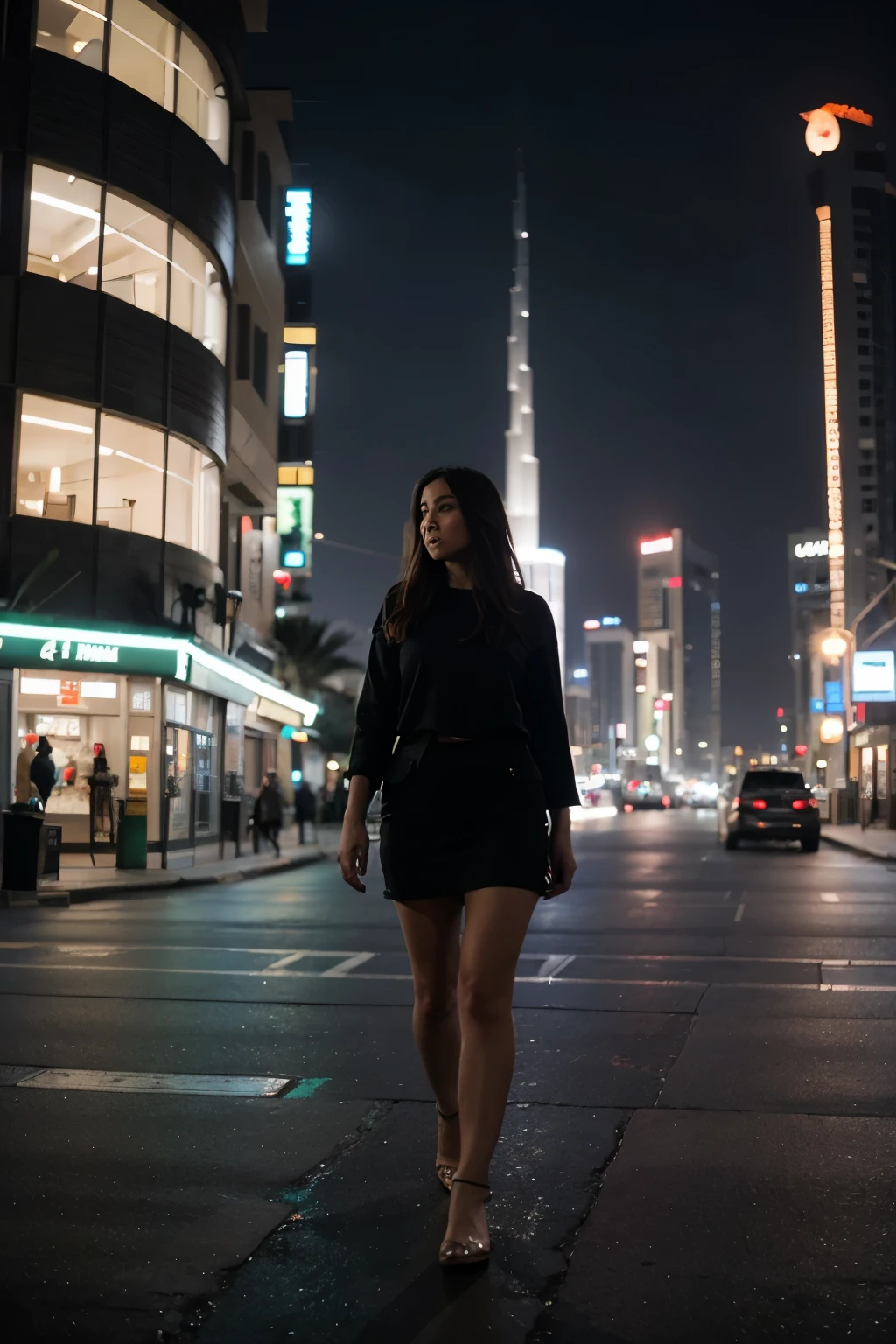 Woman walking at night, background dubai city