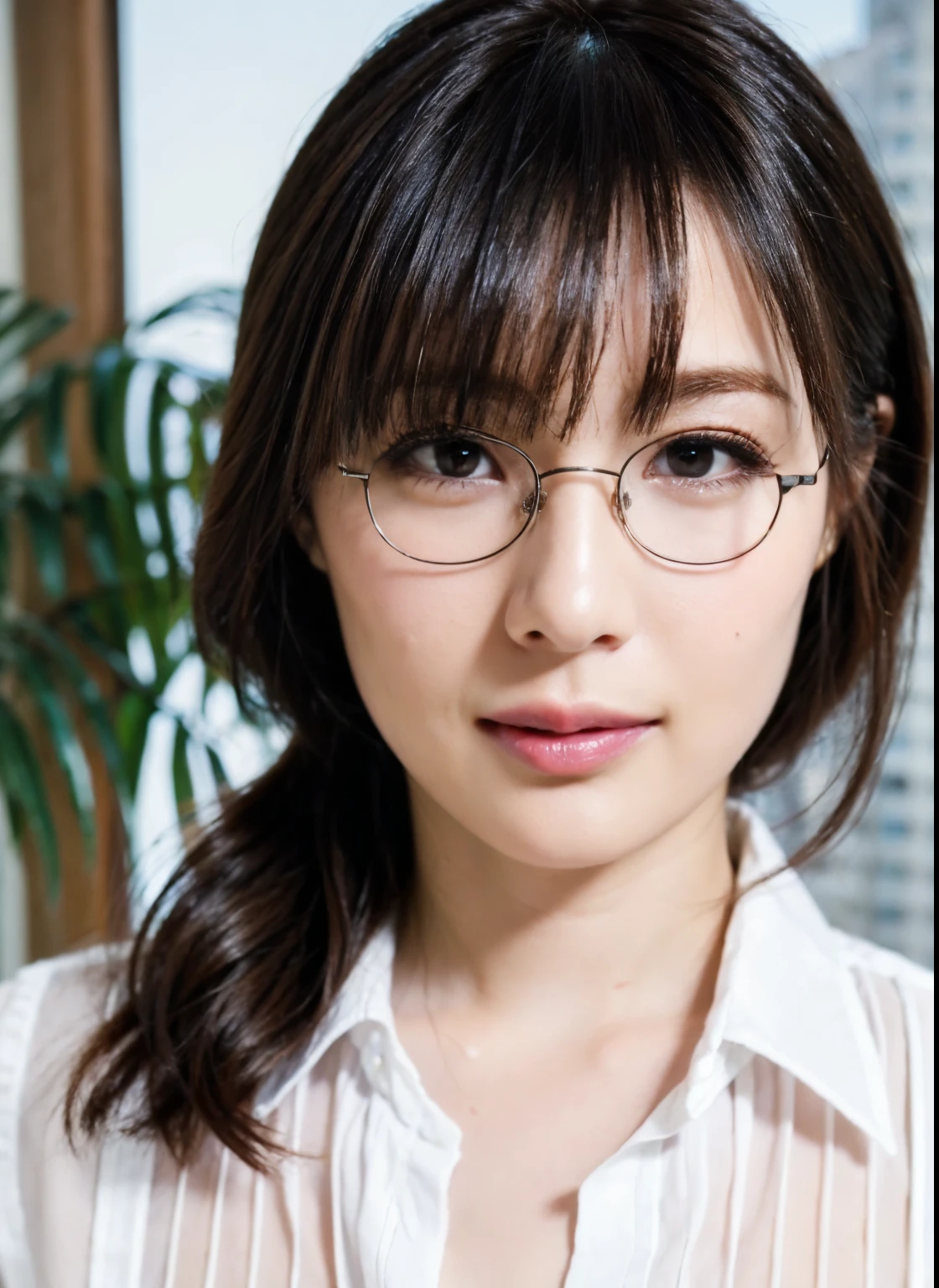 best quality, photorealistic, 8k, ((high reace shot:2)), 1 secretary lady, matured female, ((forehead:1.5,bangs:0)), ((wearing, white collared sleeved shirt, glasses)), detailed face, office, buildings from window, detailed background, diffused sunlight, (updo-hairstyle), depth of field,(surprised:1.5)