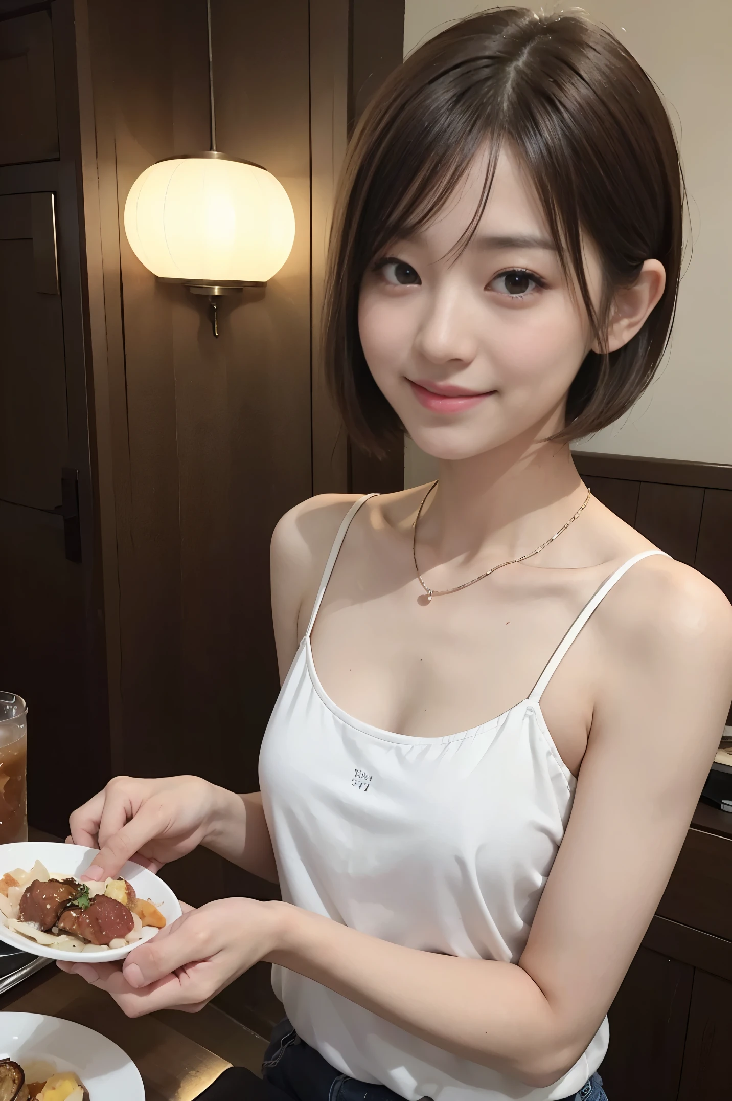 Cute 21 years old Japan、dinner、natta、Camisole、Super Detail Face、Eye of Detail、二重まぶた、A smile、Family reunion、beautiful thin nose、foco nítido:1.2、prety woman:1.4、(light brown hair,short cut hair, White skin、top-quality、​masterpiece、超A high resolution、(Photorealsitic:1.4)、a person who eats a special feast々々Drew。.。.。The scent of dinner and the cold of winter mix together....、enjoy your time。