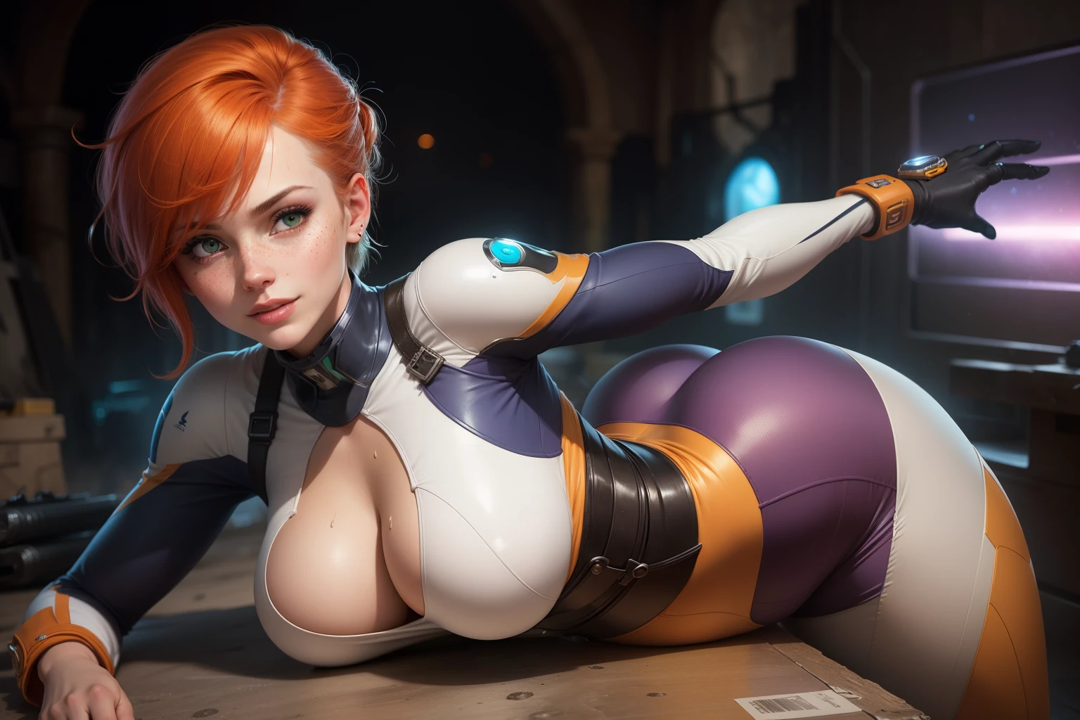 gwen tennyson,tracer,samus,rebecca chambers,overwatch,gundam,1girl,mecha pilot,space port,mecha space suit,space marine,pirate corset,white long sleeve lycra top,wet body,white leggings,short hair,war makeup,green eyes,orange hair,purple highlights,shy smile,freckles,redhead,beautiful girl,large breasts,ultra detailed,realistic,fantasy art, show big ass, hot sex.